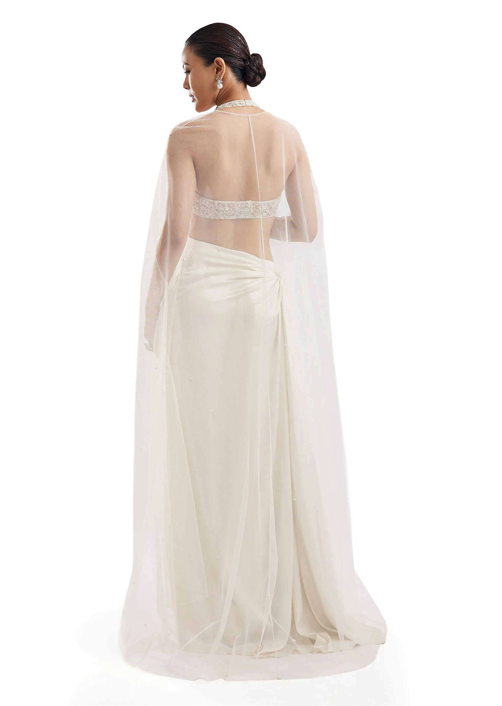 Ivory Embroidered Drape Skirt Set With Cape - Image 2