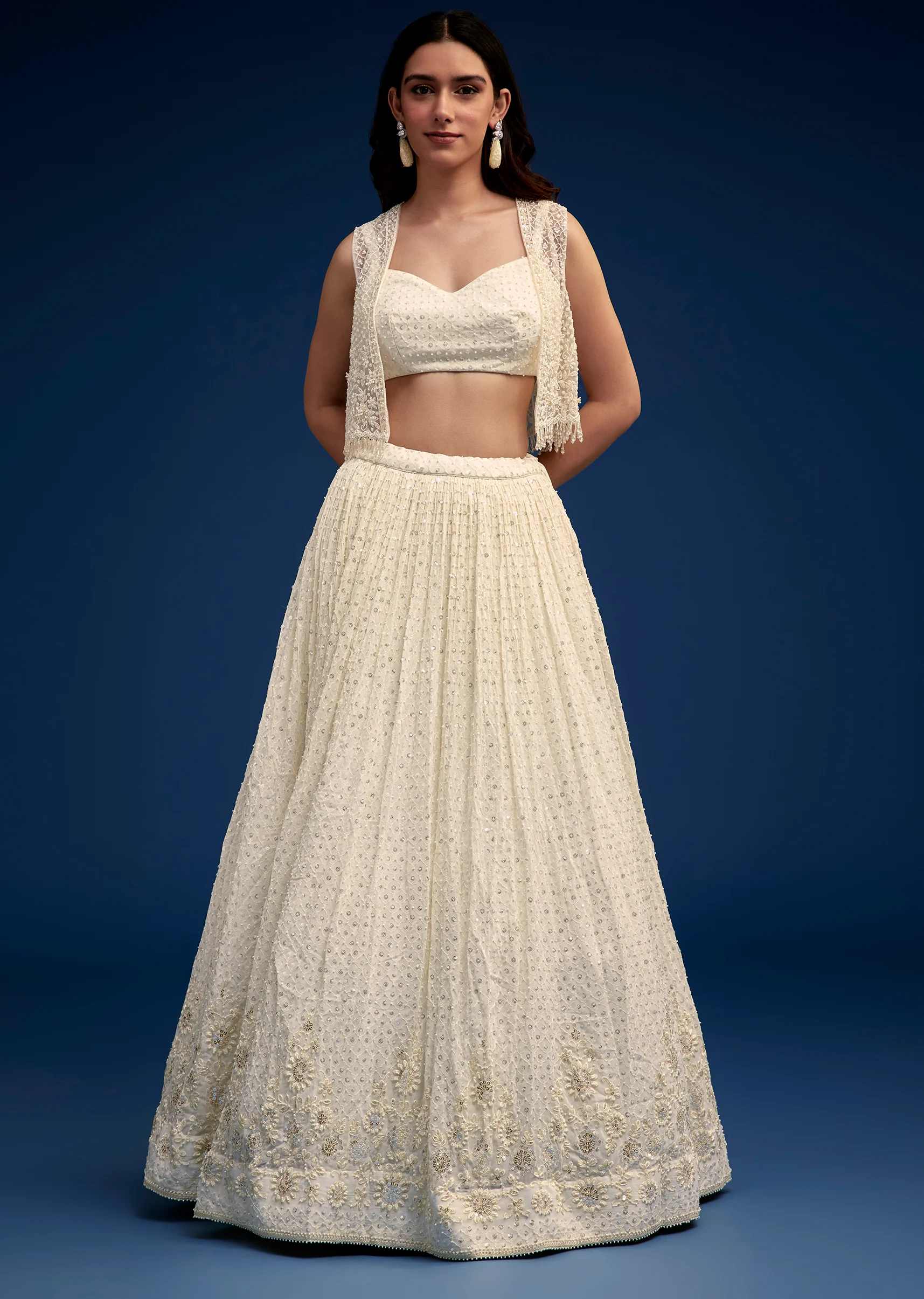 Ivory Embroidered Lehenga Set With Jacket - Image 3