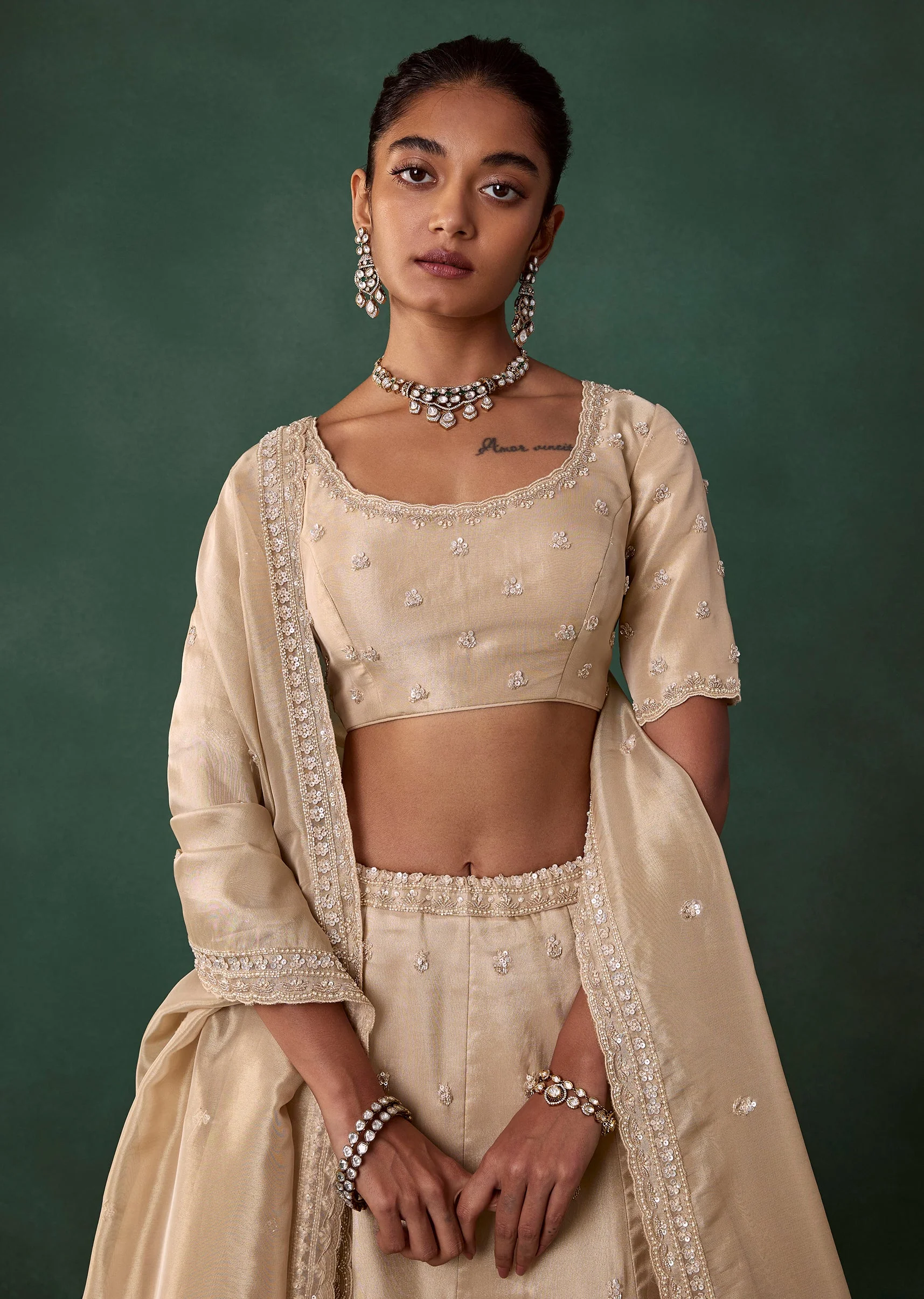 Ivory Embroidered Tissue Bridal Lehenga Set with Cutdana - Image 3