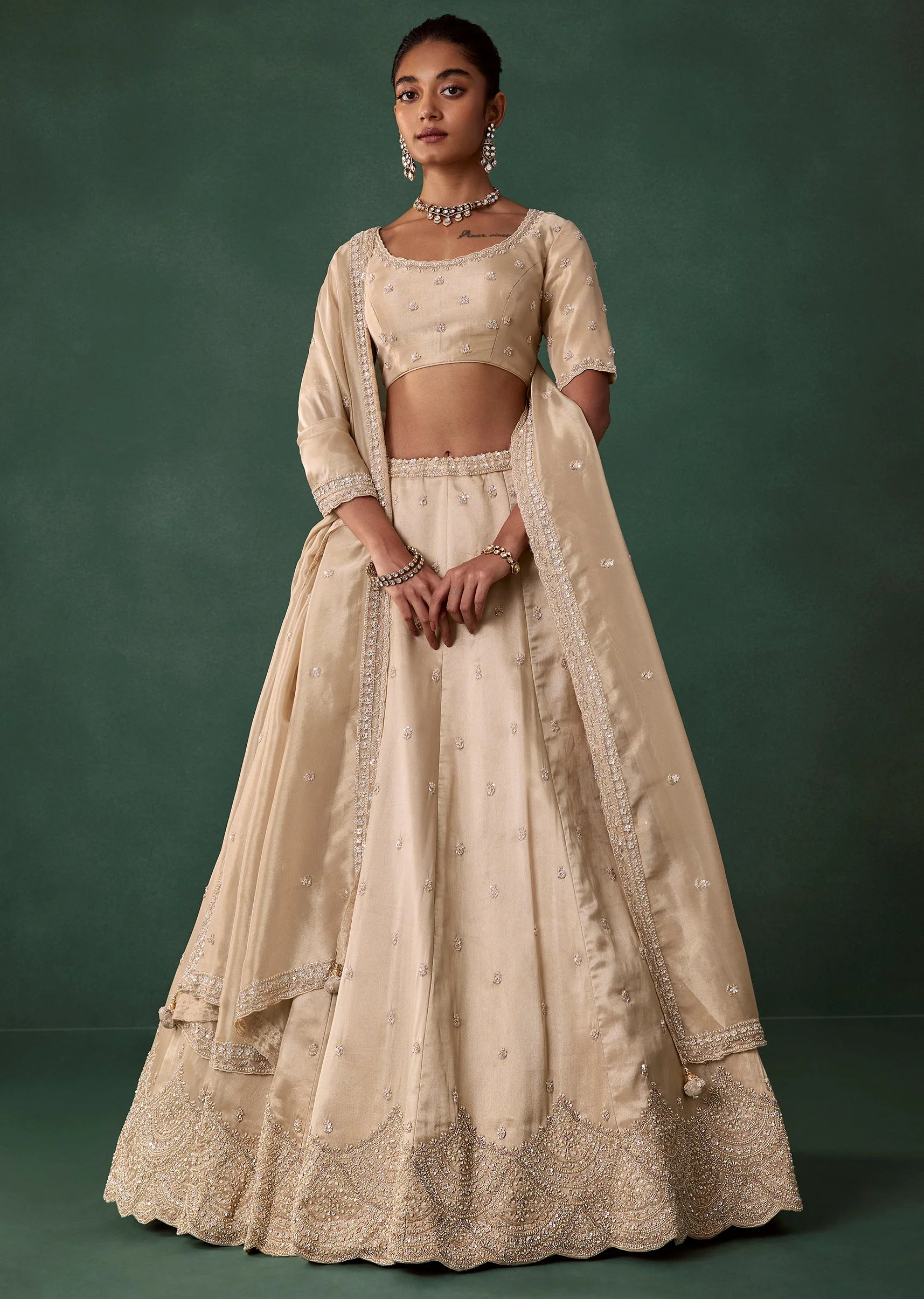 Ivory Embroidered Tissue Bridal Lehenga Set with Cutdana - Image 4