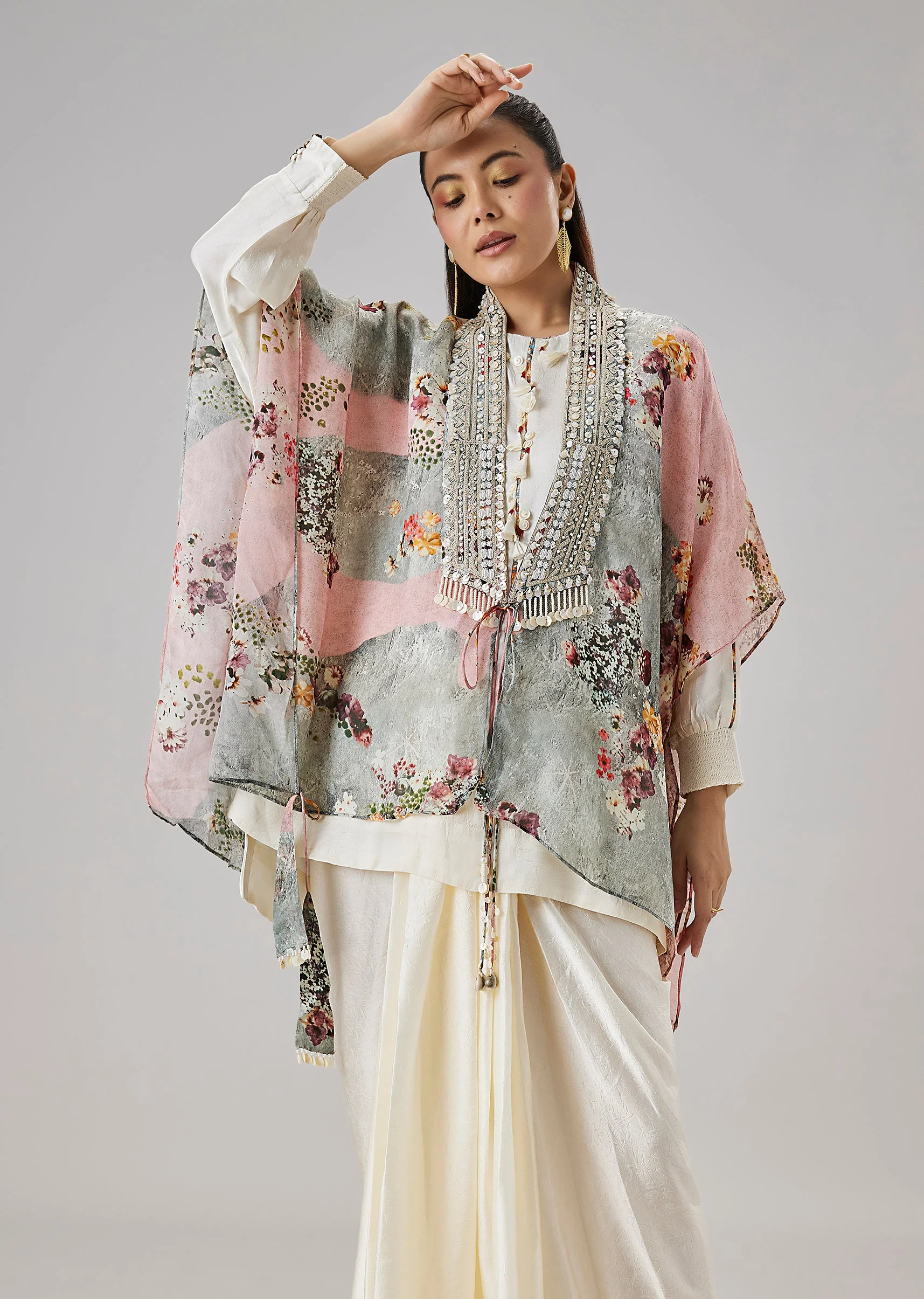 Ivory Floral Printed Cape And Drape Skirt Set - Image 3