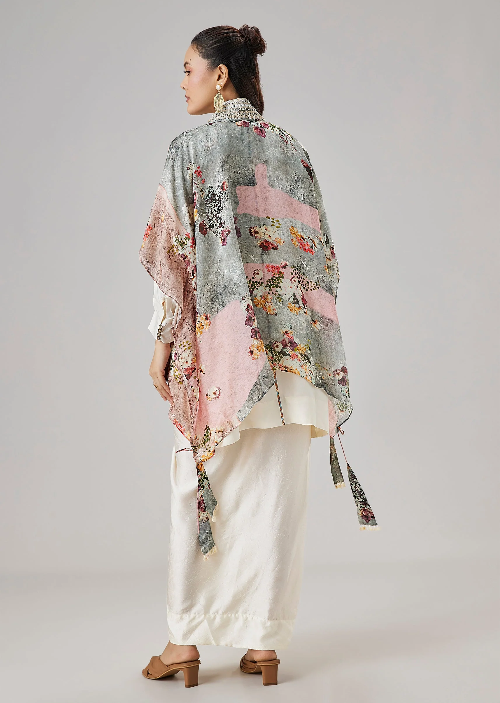 Ivory Floral Printed Cape And Drape Skirt Set - Image 4