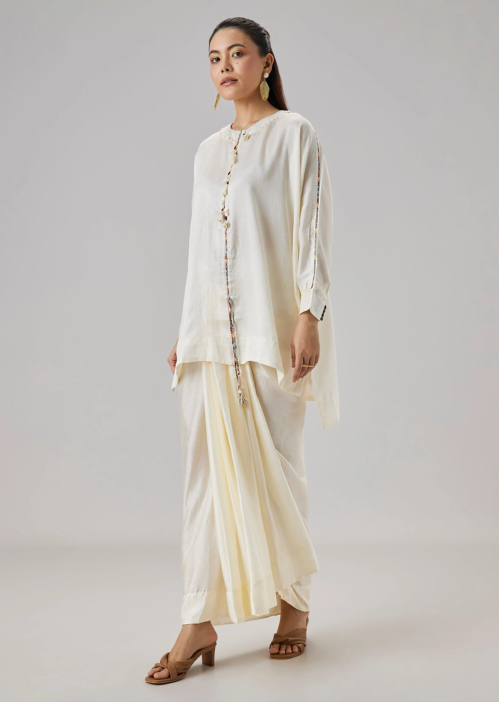 Ivory Floral Printed Cape And Drape Skirt Set - Image 5