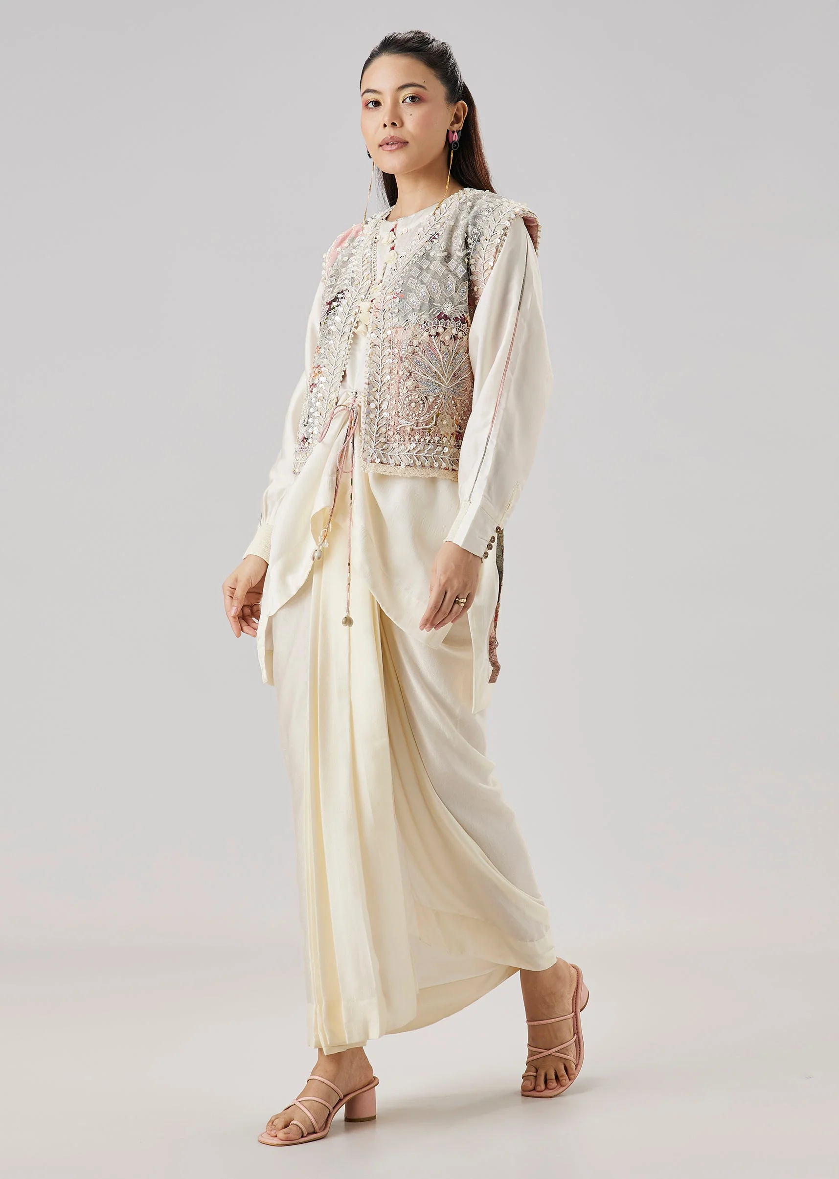 Ivory Floral Printed Jacket And Drape Skirt Set
