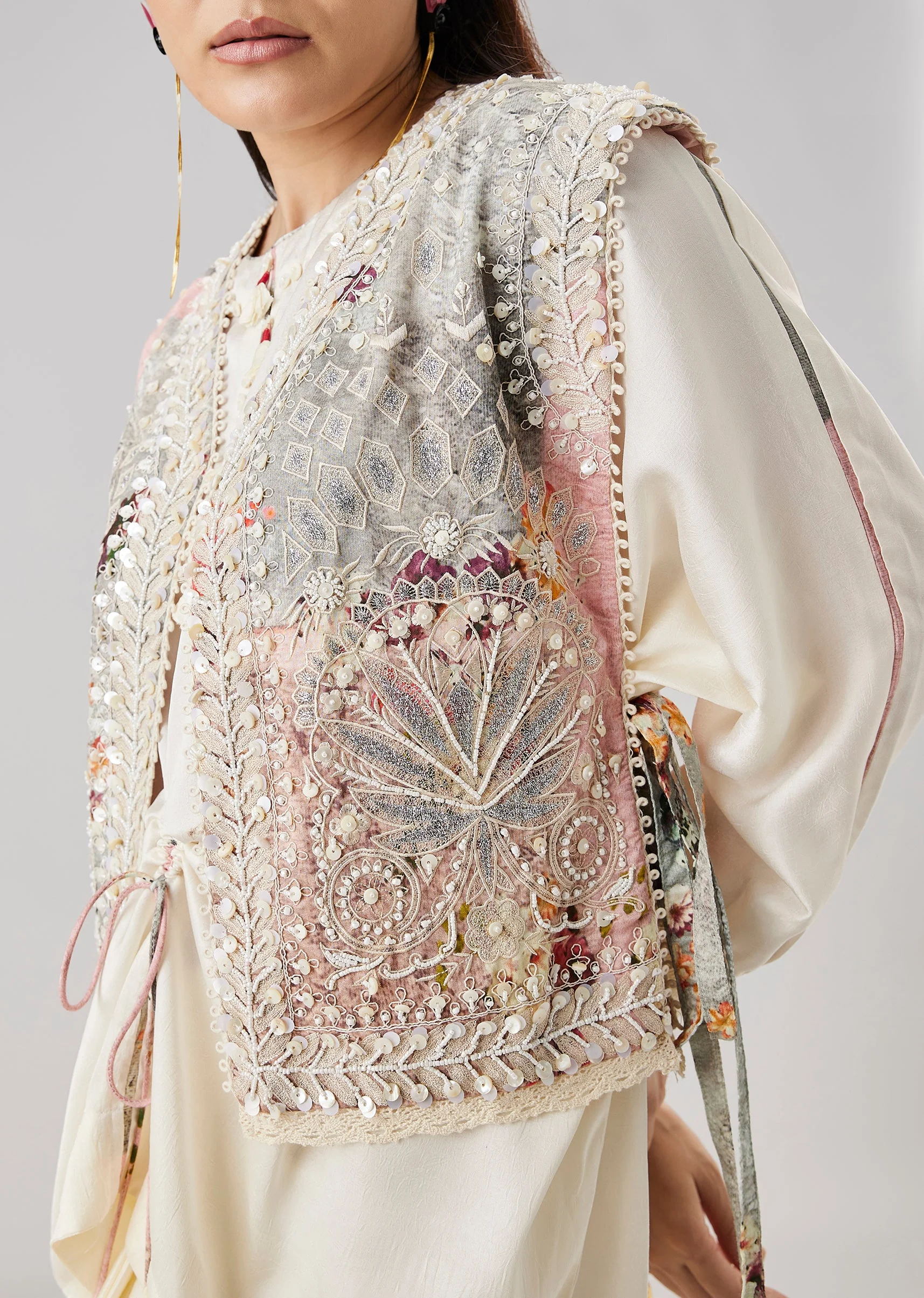 Ivory Floral Printed Jacket And Drape Skirt Set - Image 2
