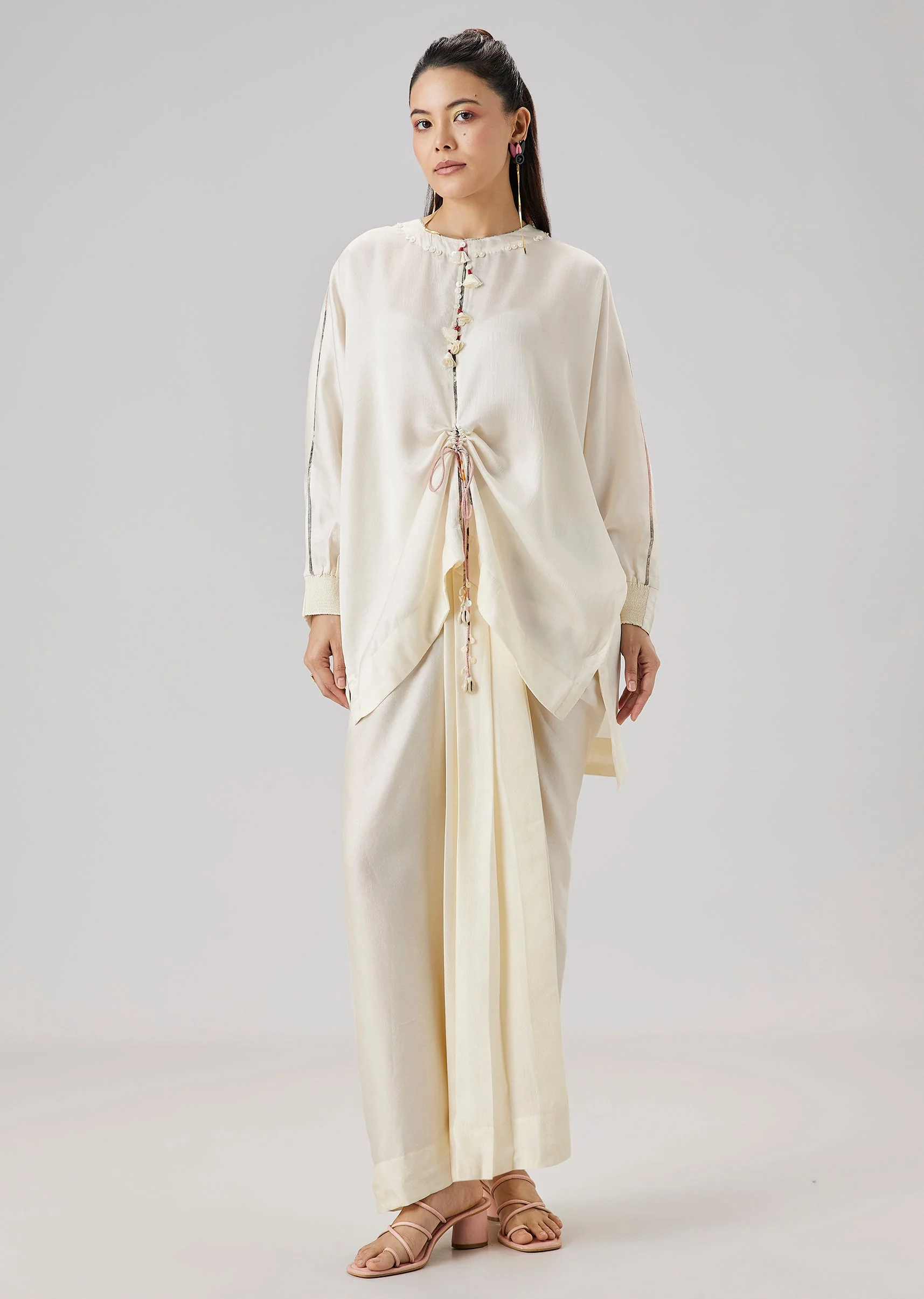 Ivory Floral Printed Jacket And Drape Skirt Set - Image 5