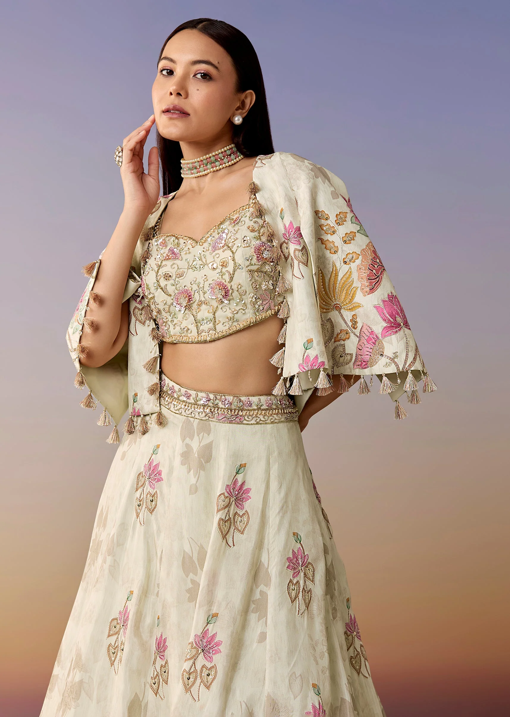 Ivory Floral Printed Lehenga Set with Cape - Image 3