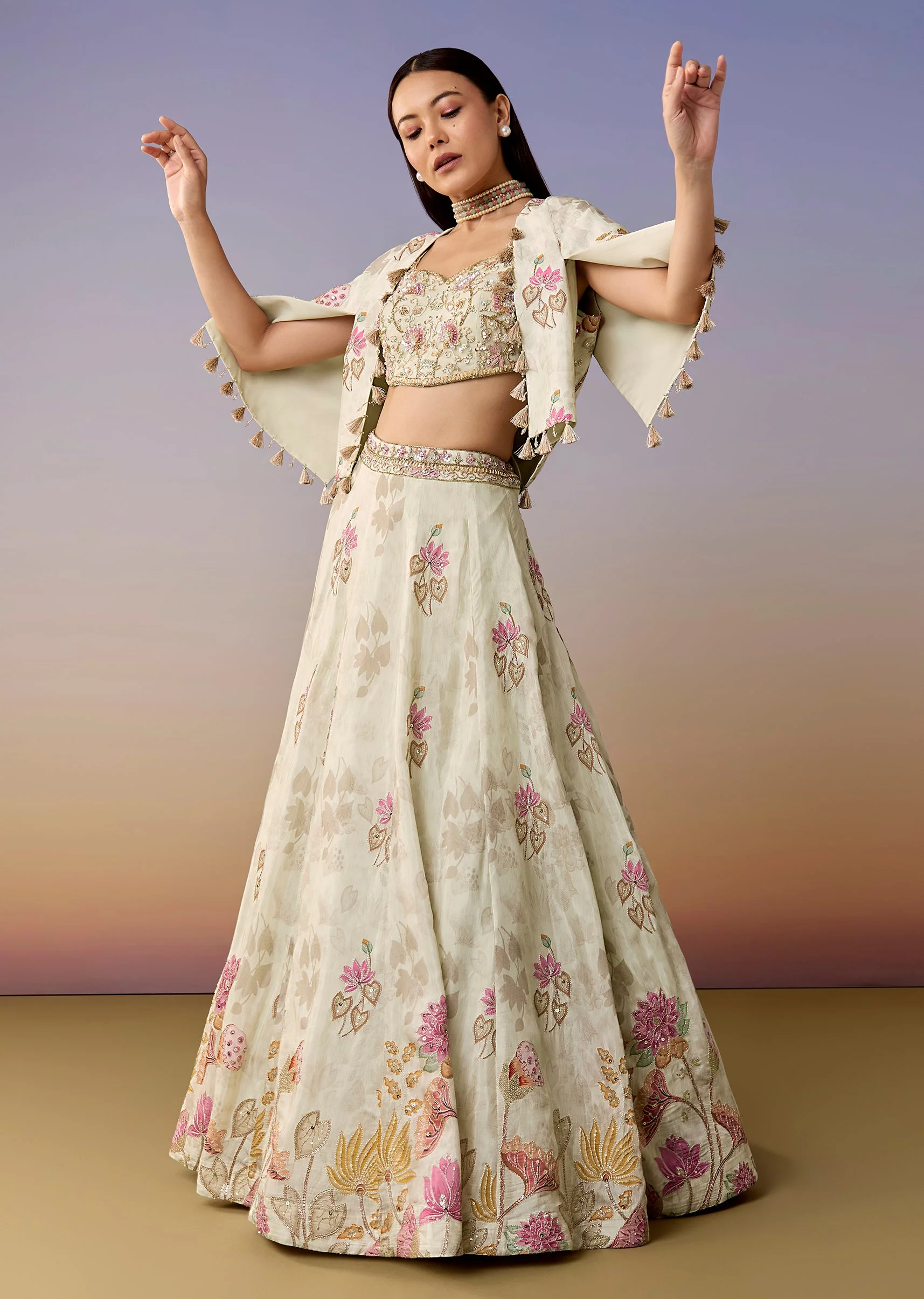 Ivory Floral Printed Lehenga Set with Cape - Image 4