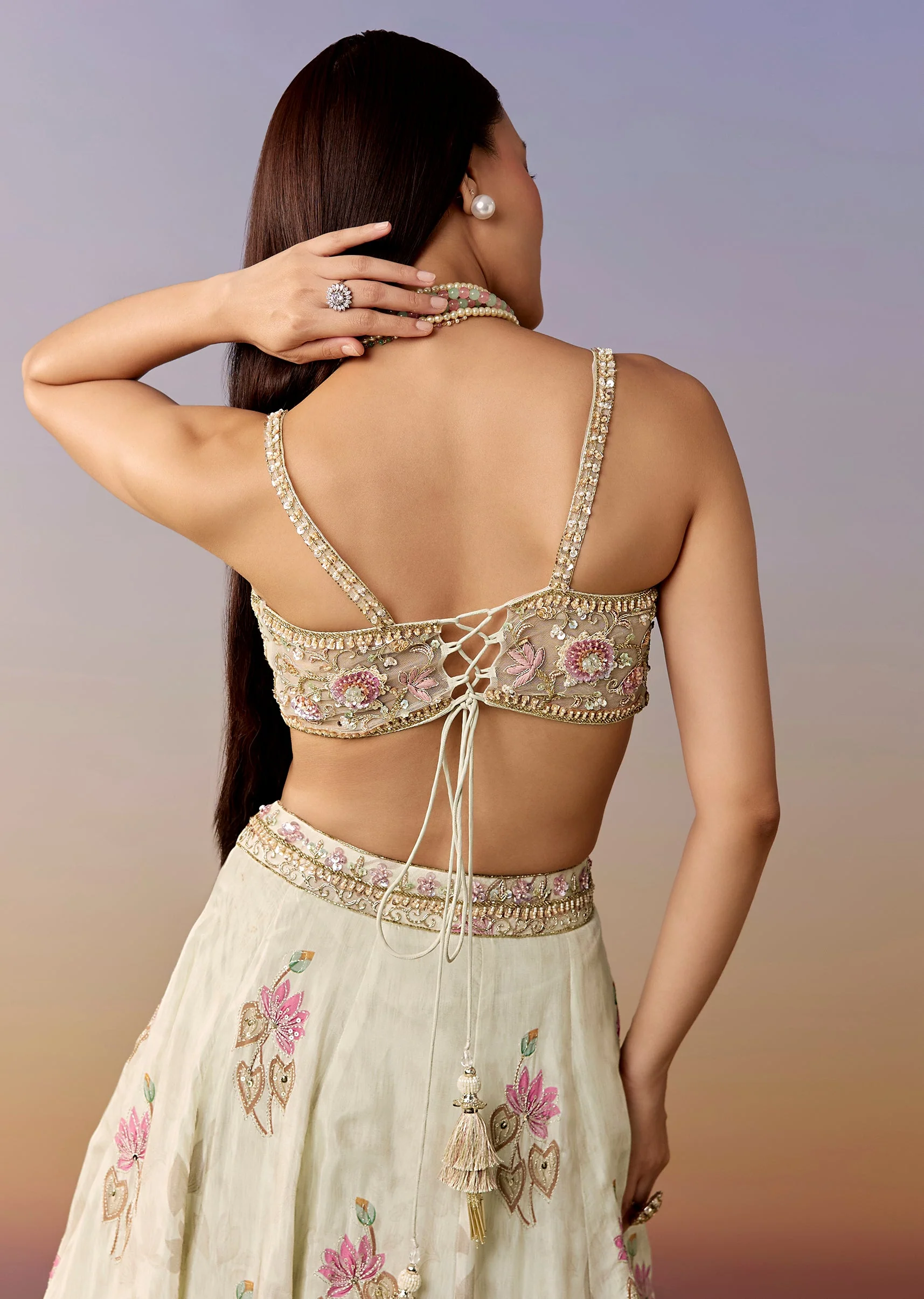 Ivory Floral Printed Lehenga Set with Cape - Image 7