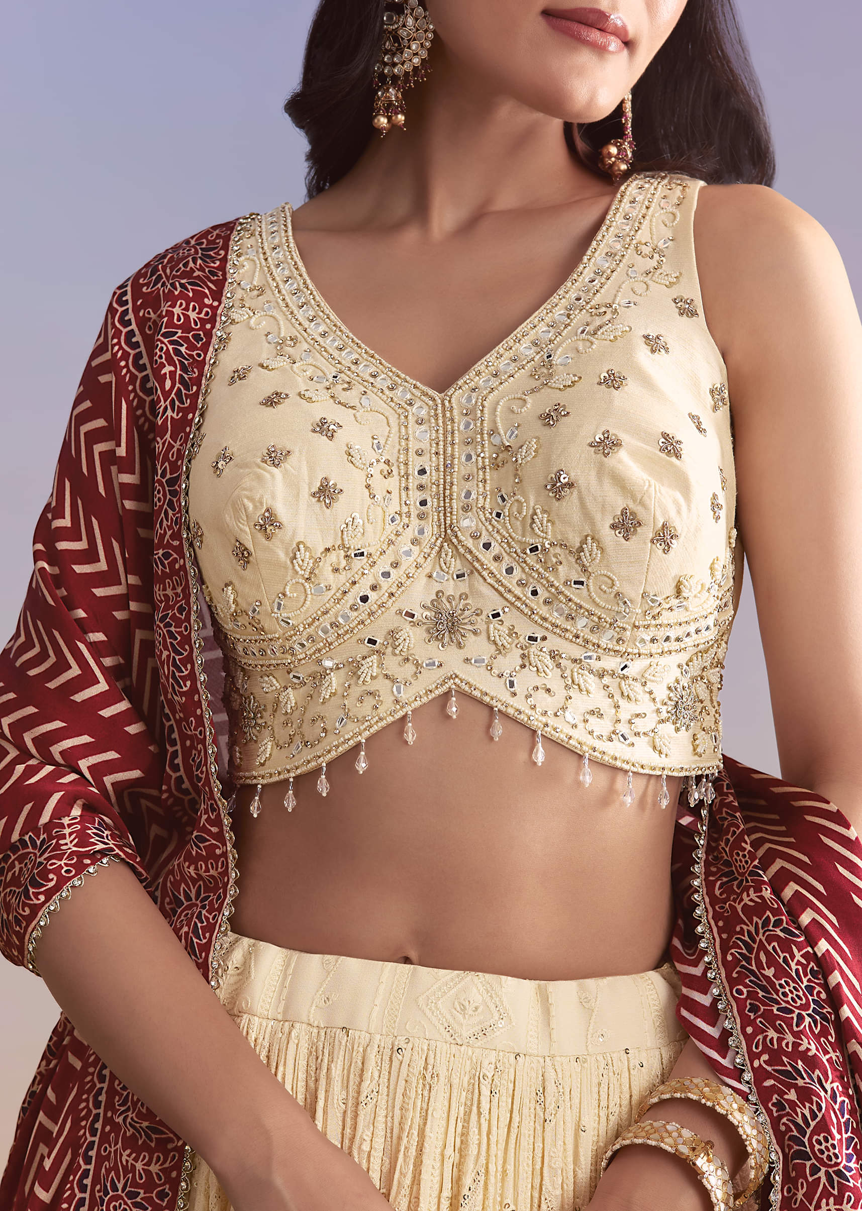 Ivory Georgette Bridesmaid Lehenga With Lucknowi Chikankari And Mirror Work - Image 3