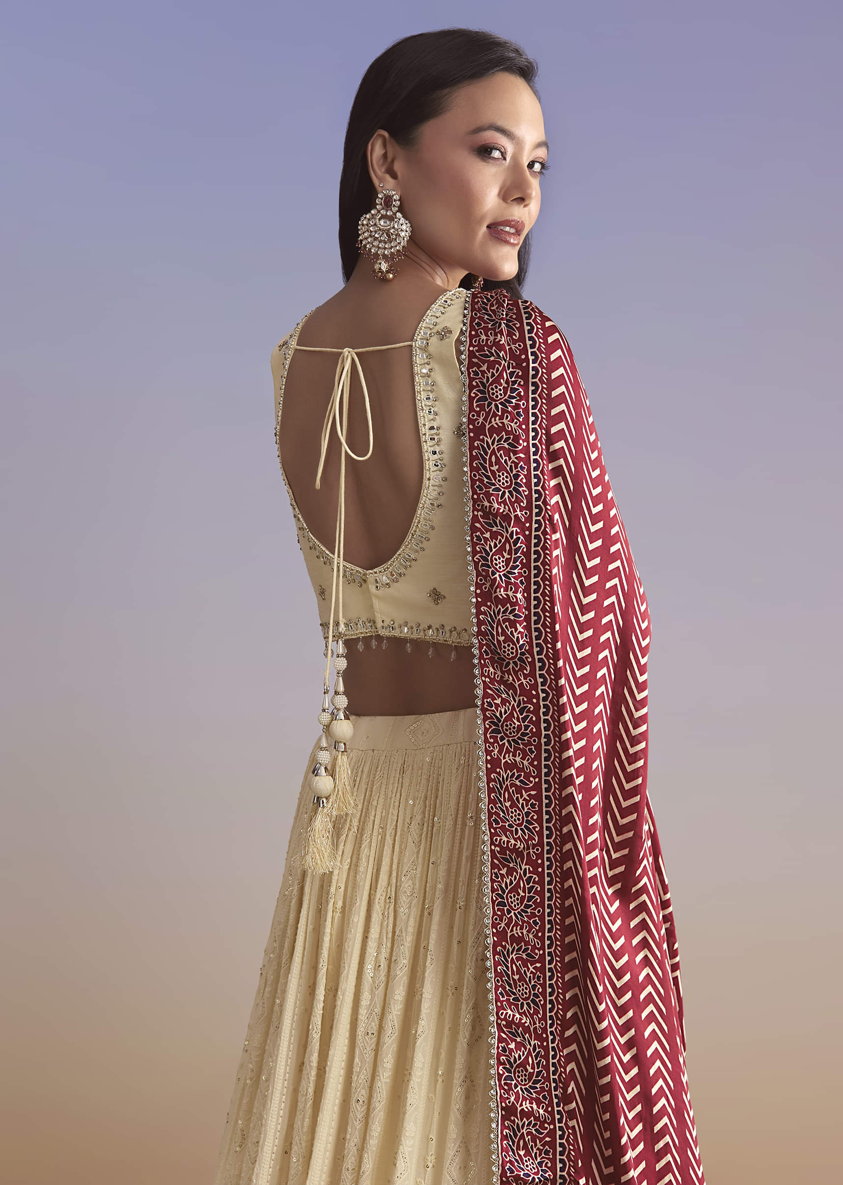 Ivory Georgette Bridesmaid Lehenga With Lucknowi Chikankari And Mirror Work - Image 6