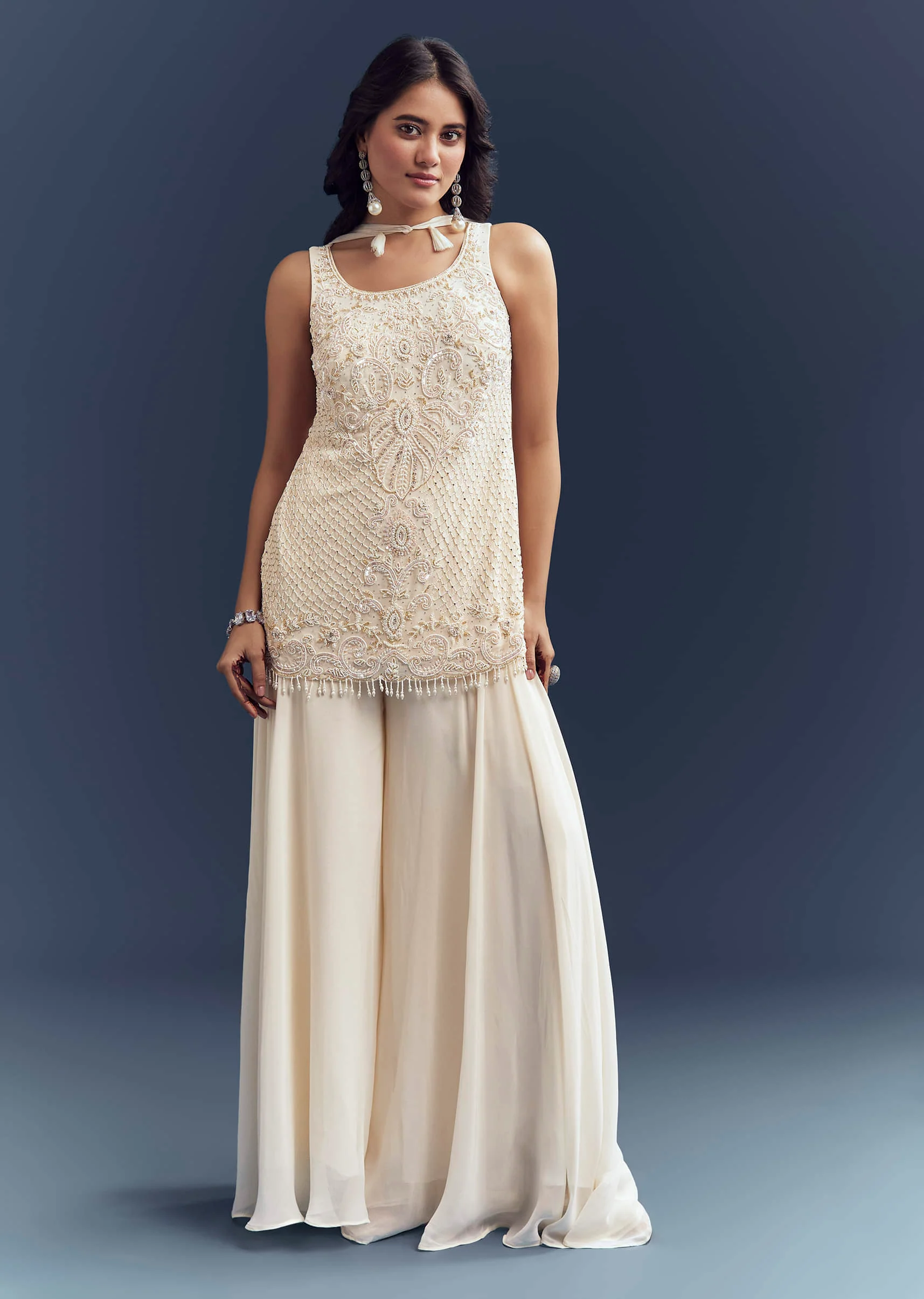 Ivory Georgette Palazzo Suit With Heavy Hand Embroidery - Image 2