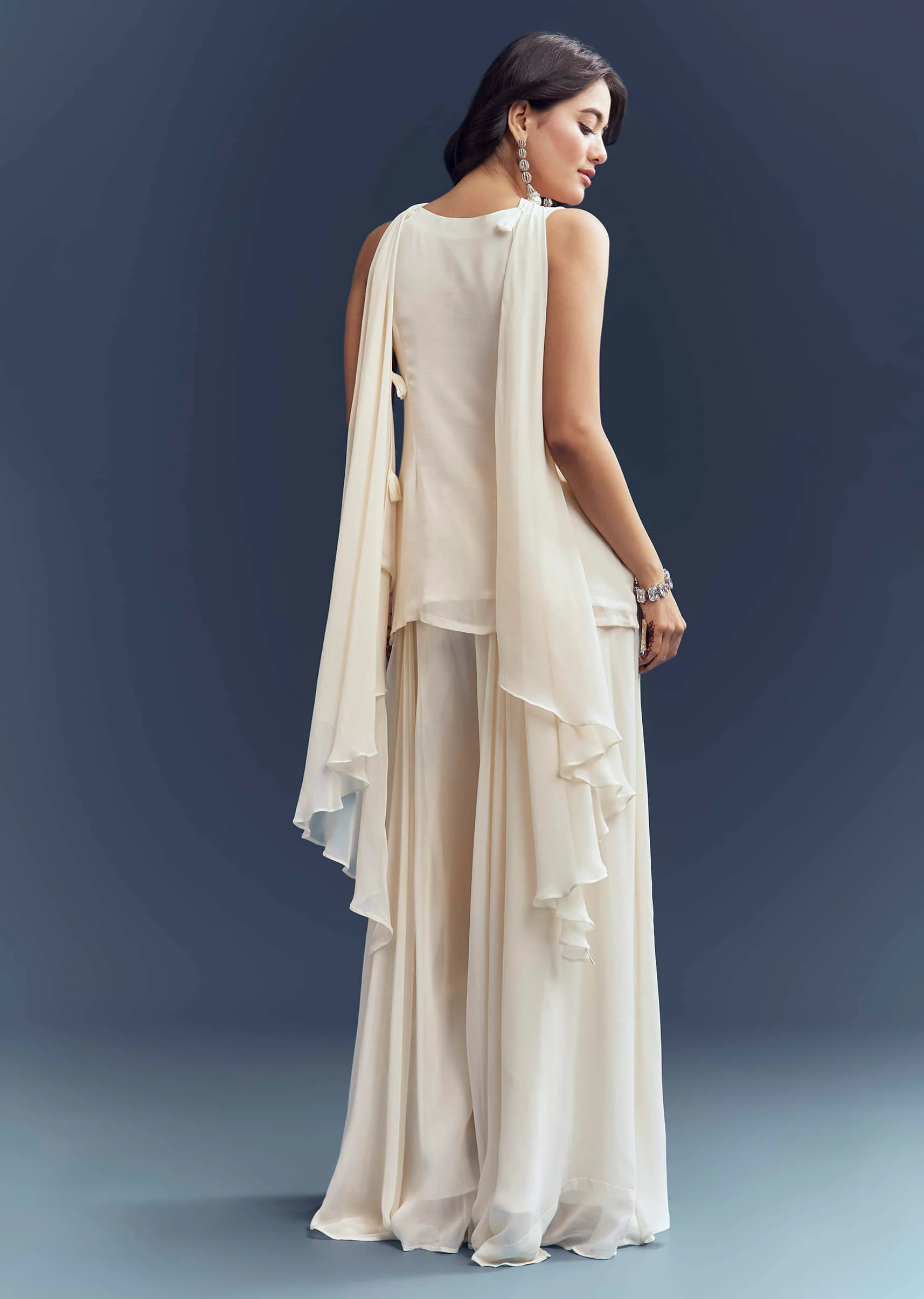 Ivory Georgette Palazzo Suit With Heavy Hand Embroidery - Image 3