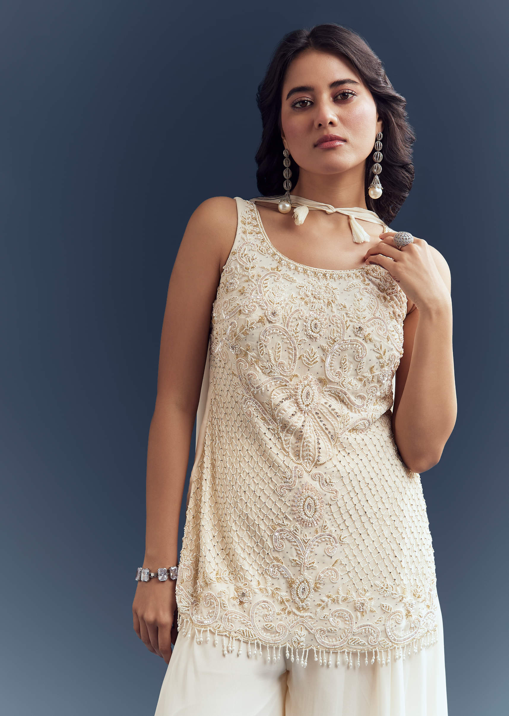 Ivory Georgette Palazzo Suit With Heavy Hand Embroidery - Image 5