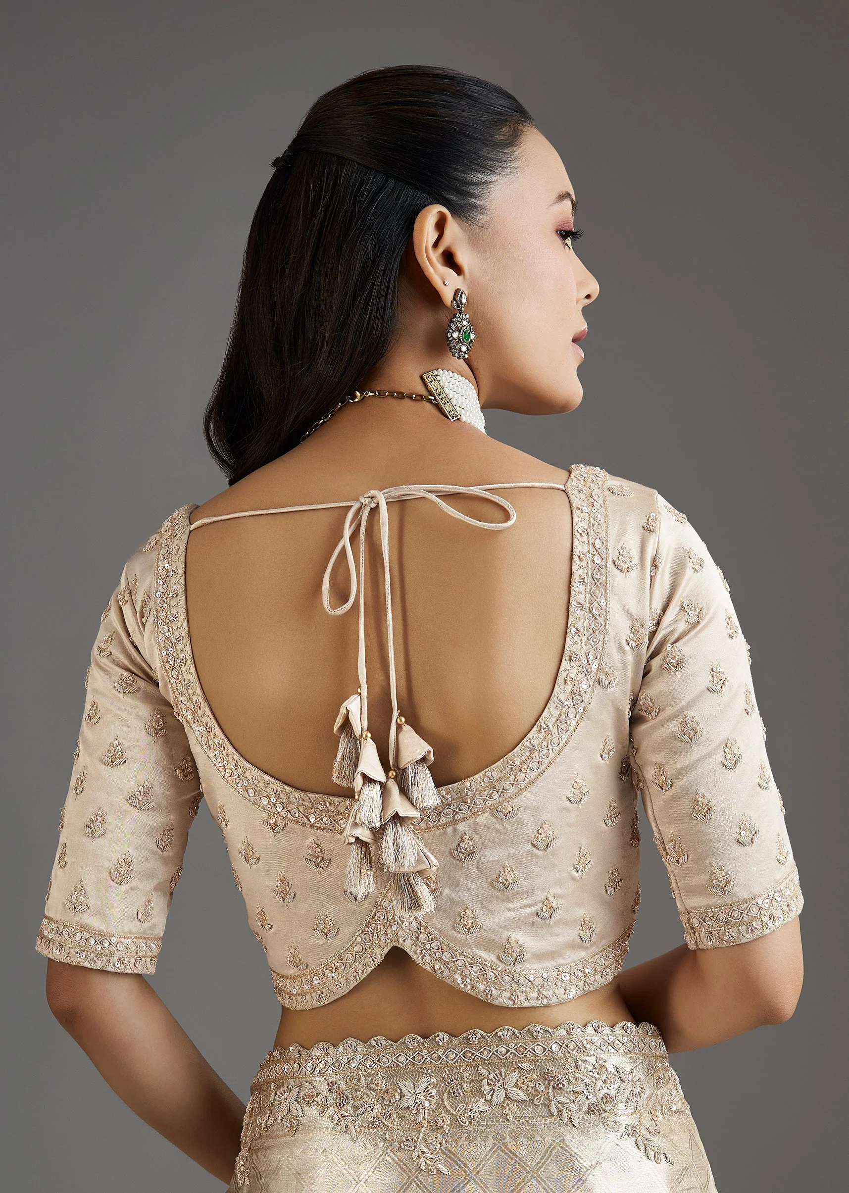 Ivory Gold Tissue Saree With Embroidered Blouse - Image 8