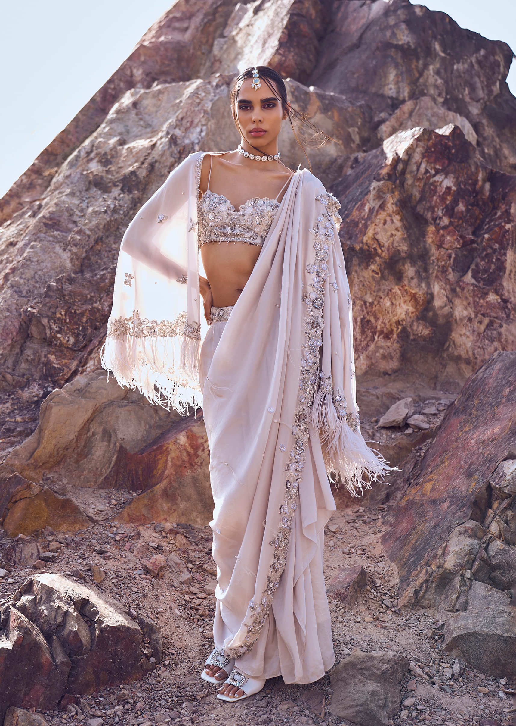 Ivory Hand Embroidered Tissue Pre Stitched Saree With Cape - Image 2