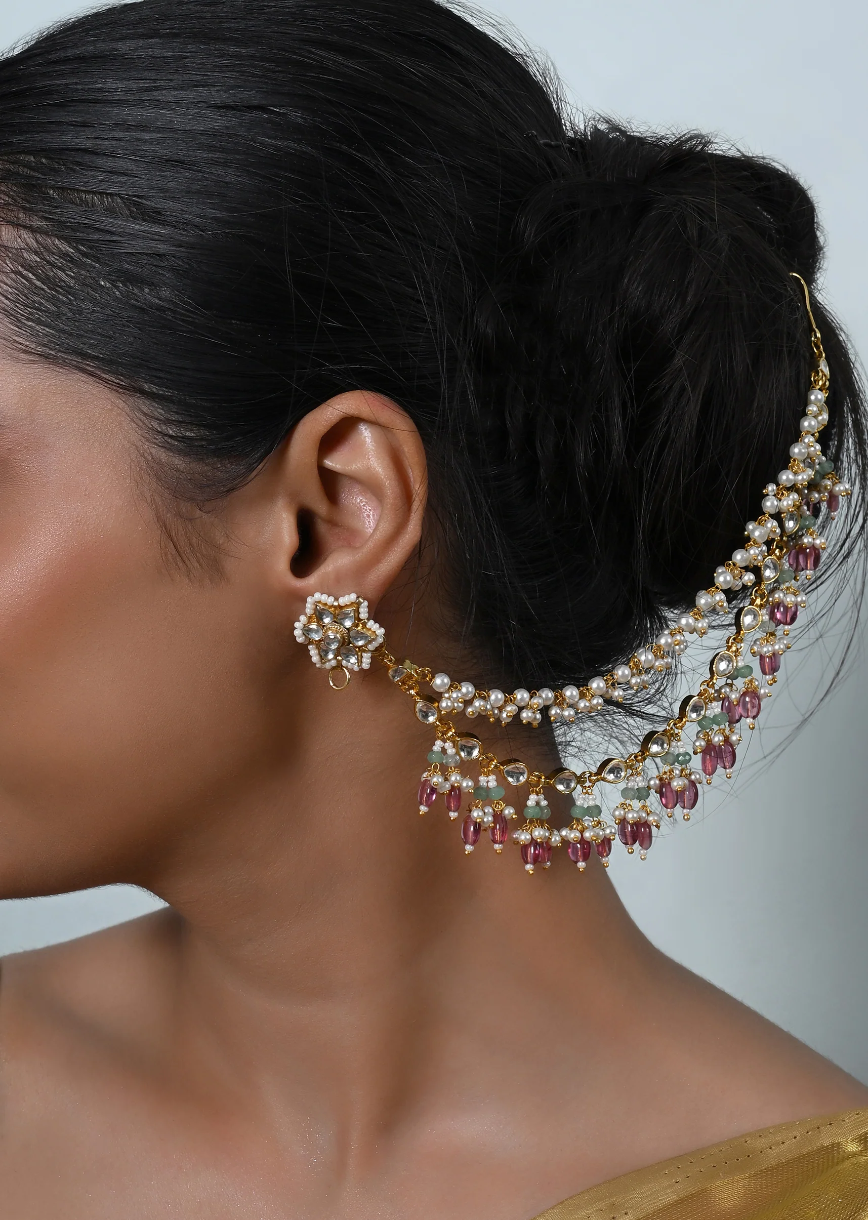 Ivory Jadau Kundan Ear Chain With SemiPrecious Stone Embellishments - Image 2