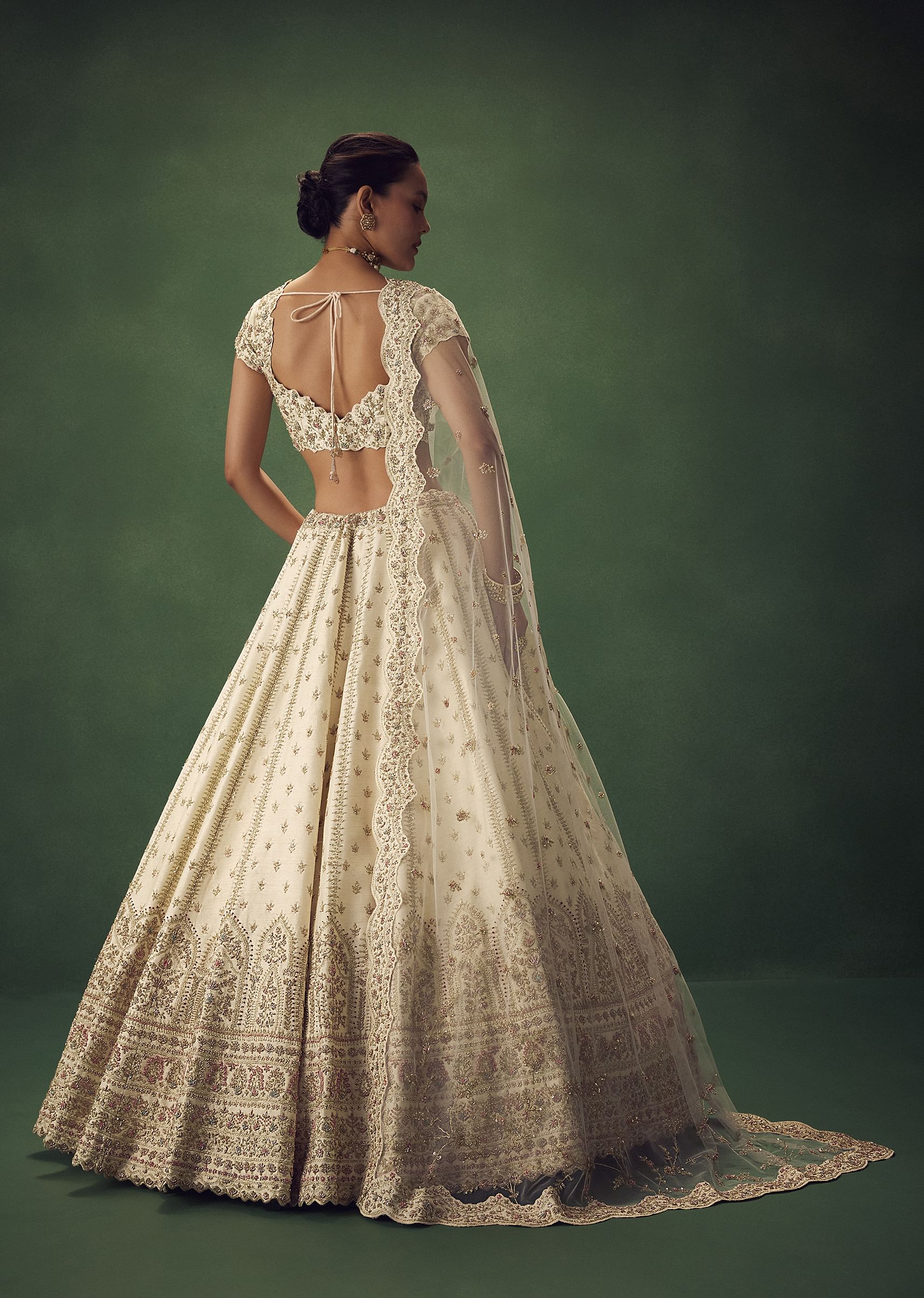 Ivory Lehenga Set With Hand Embroidered Thread And Zari Work - Image 3