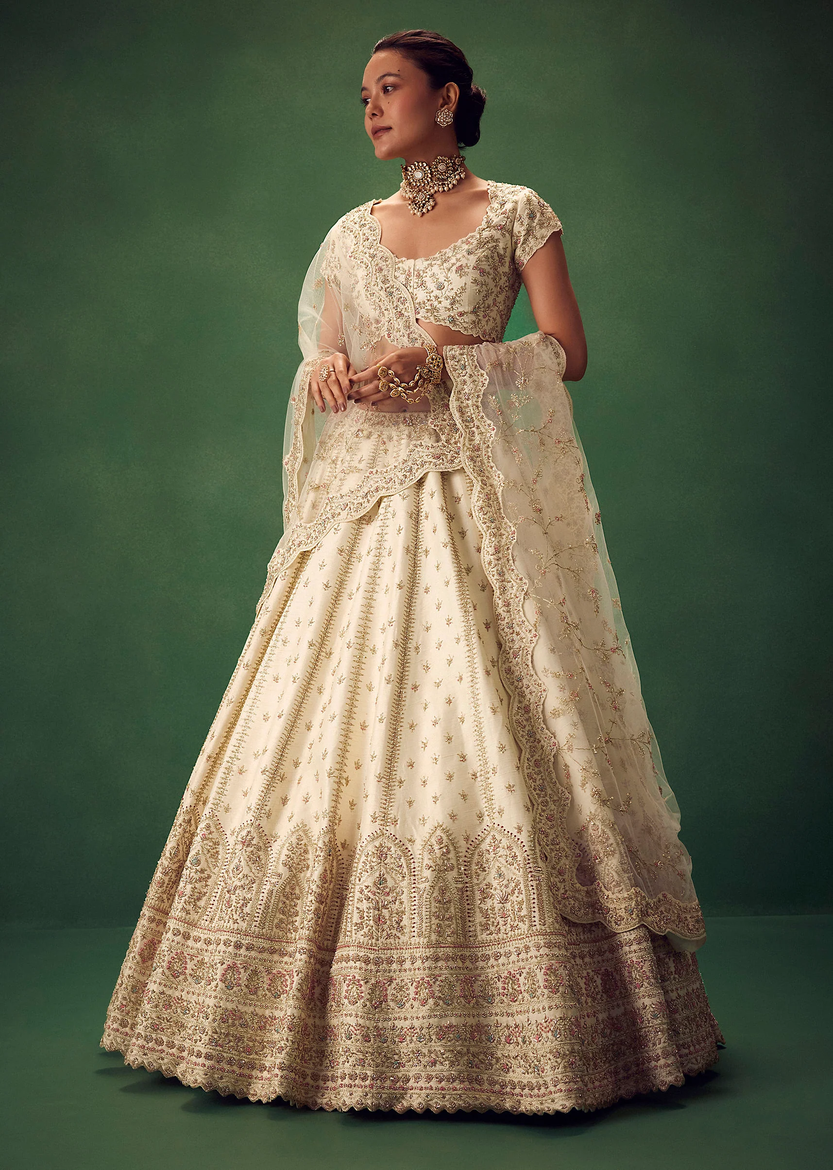 Ivory Lehenga Set With Hand Embroidered Thread And Zari Work - Image 4