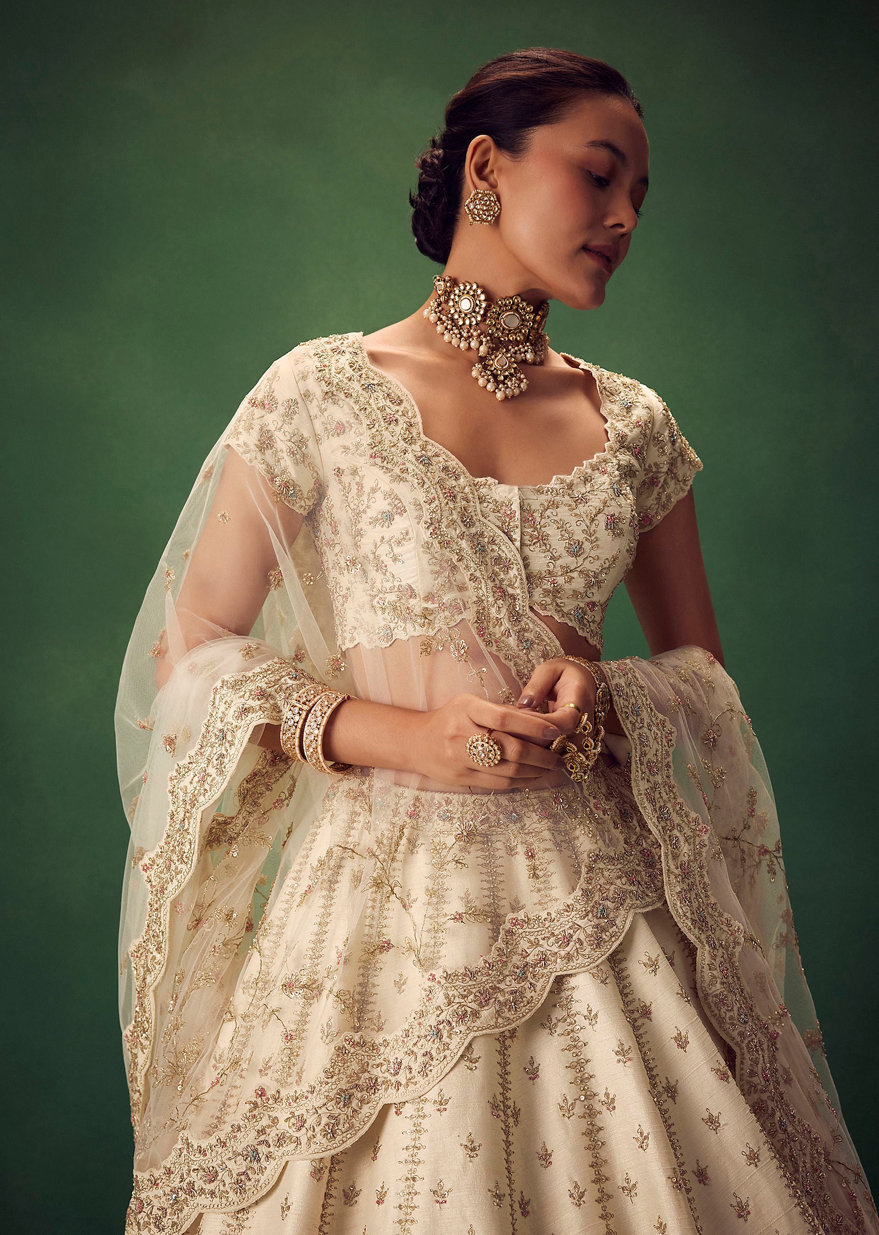 Ivory Lehenga Set With Hand Embroidered Thread And Zari Work - Image 5