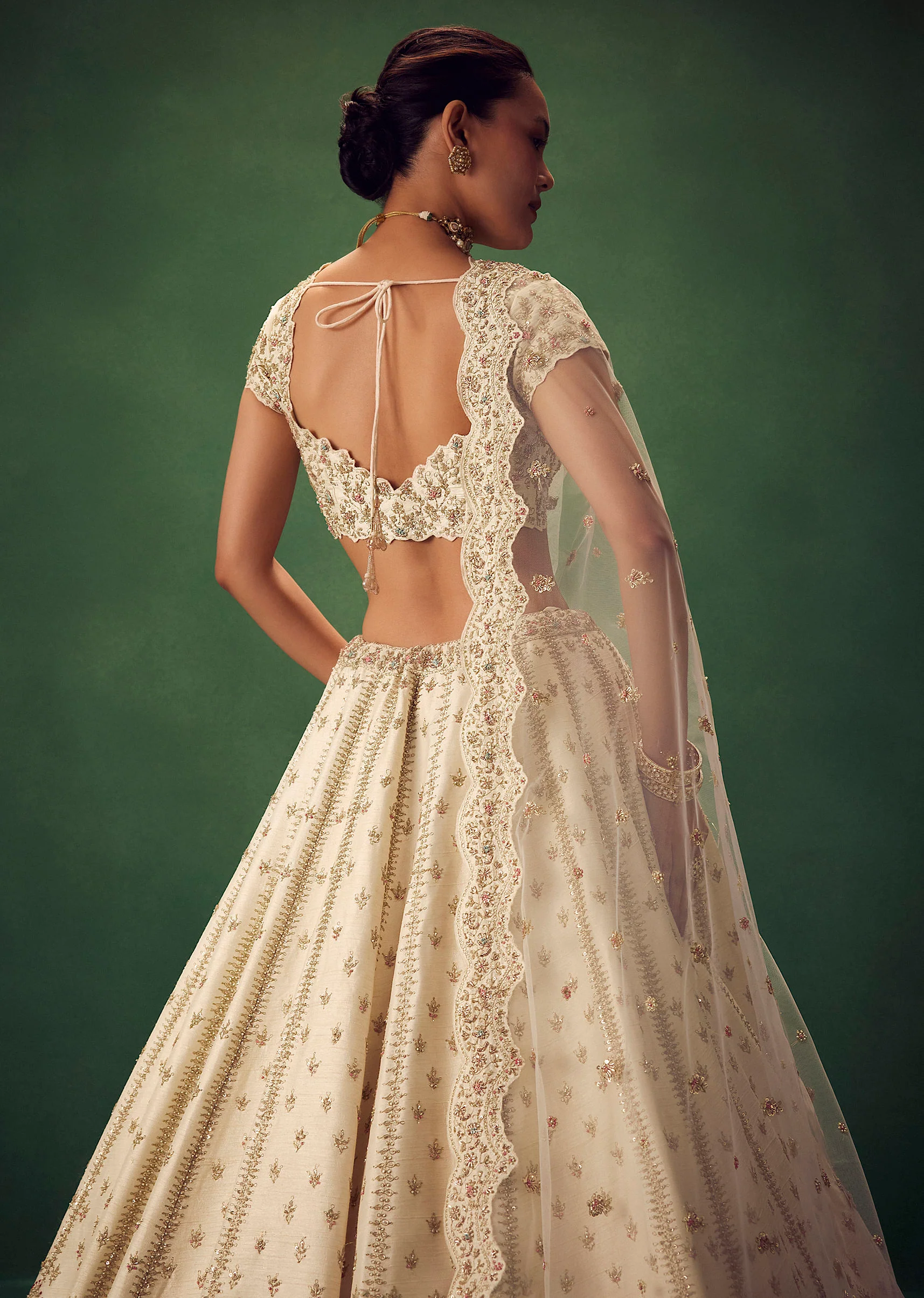 Ivory Lehenga Set With Hand Embroidered Thread And Zari Work - Image 6