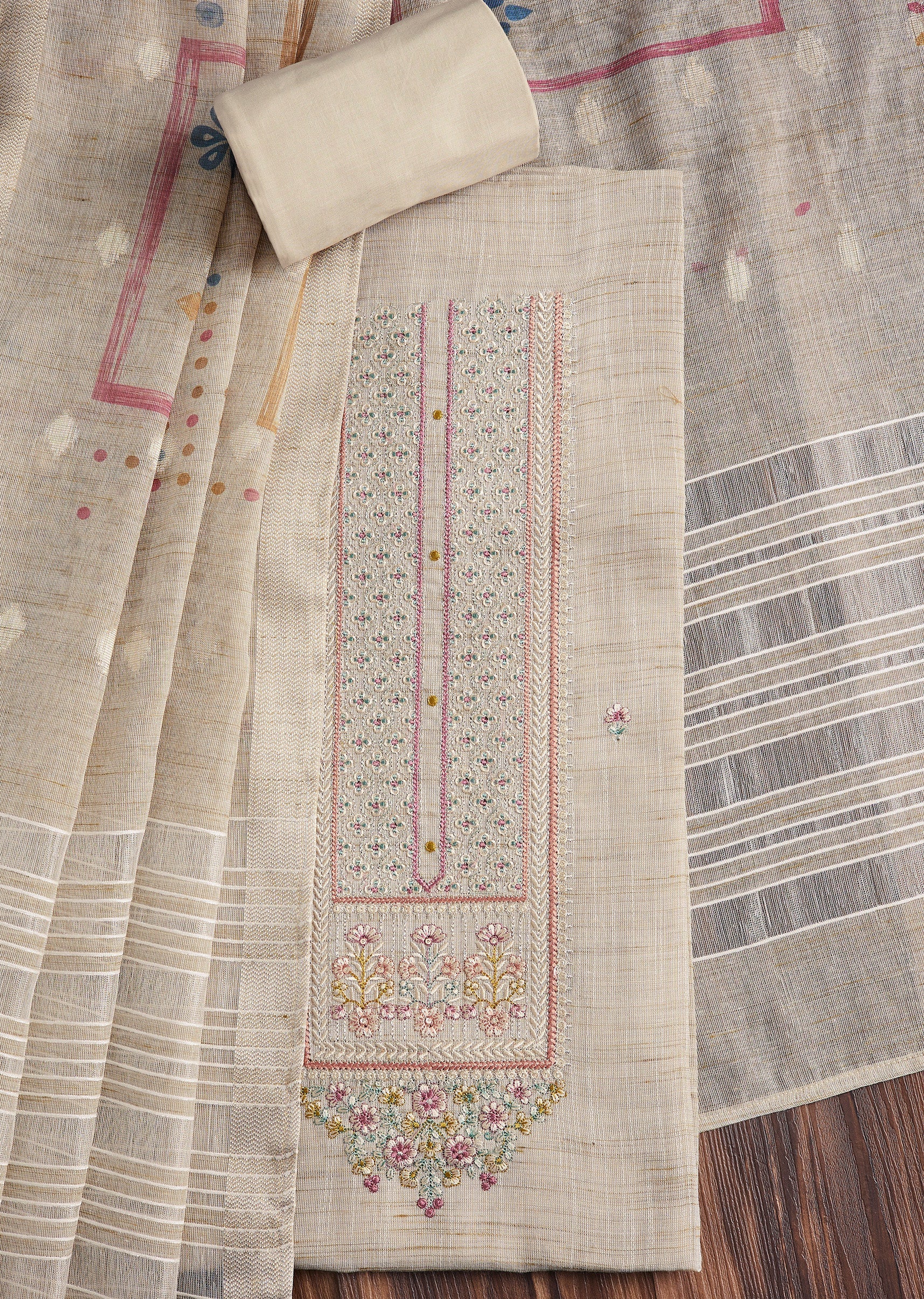 Ivory Linen Embroidered Unstitched Suit Set