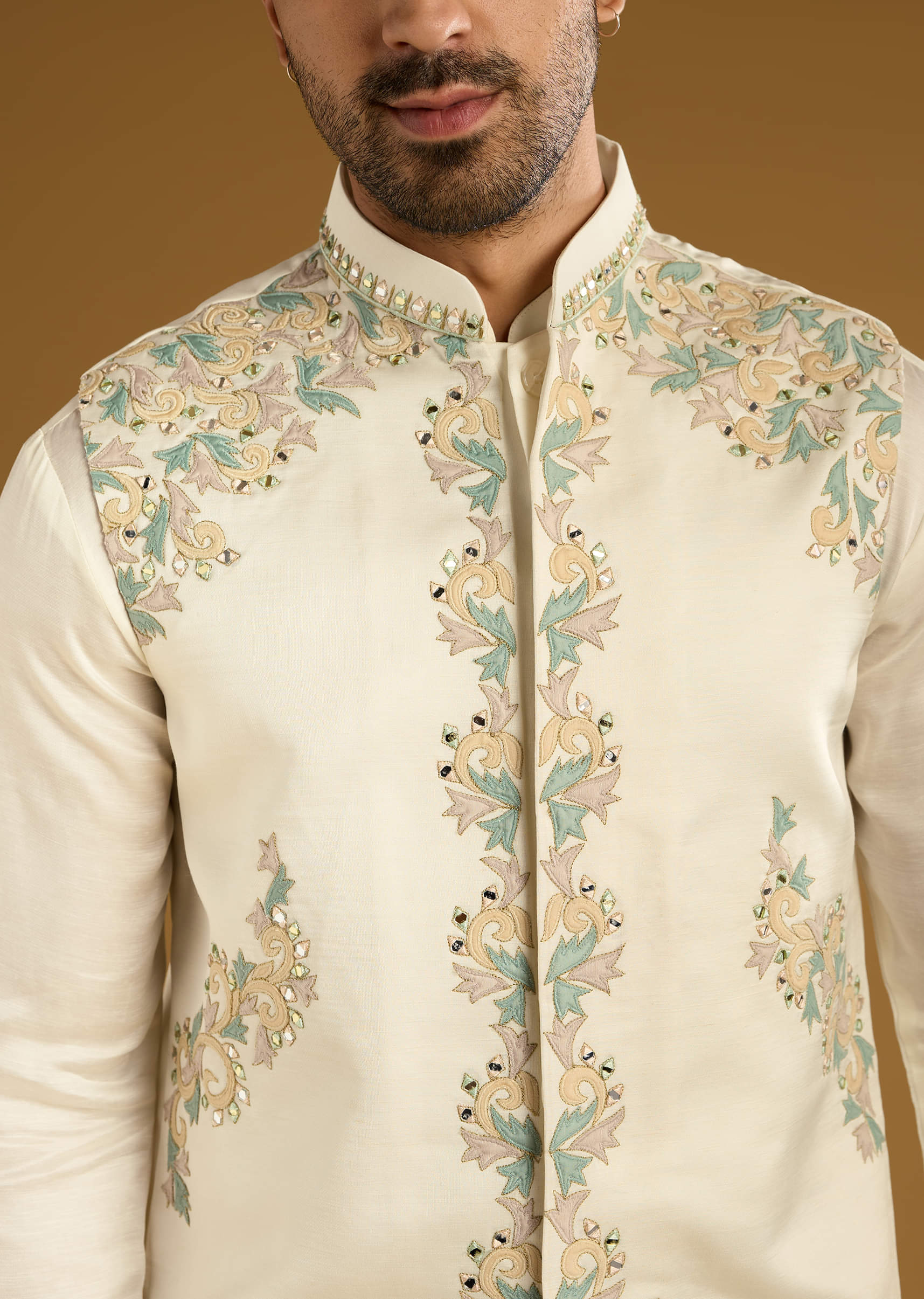 Ivory Linen Kurta Jacket Set For Men With Hand Embroidery - Image 2