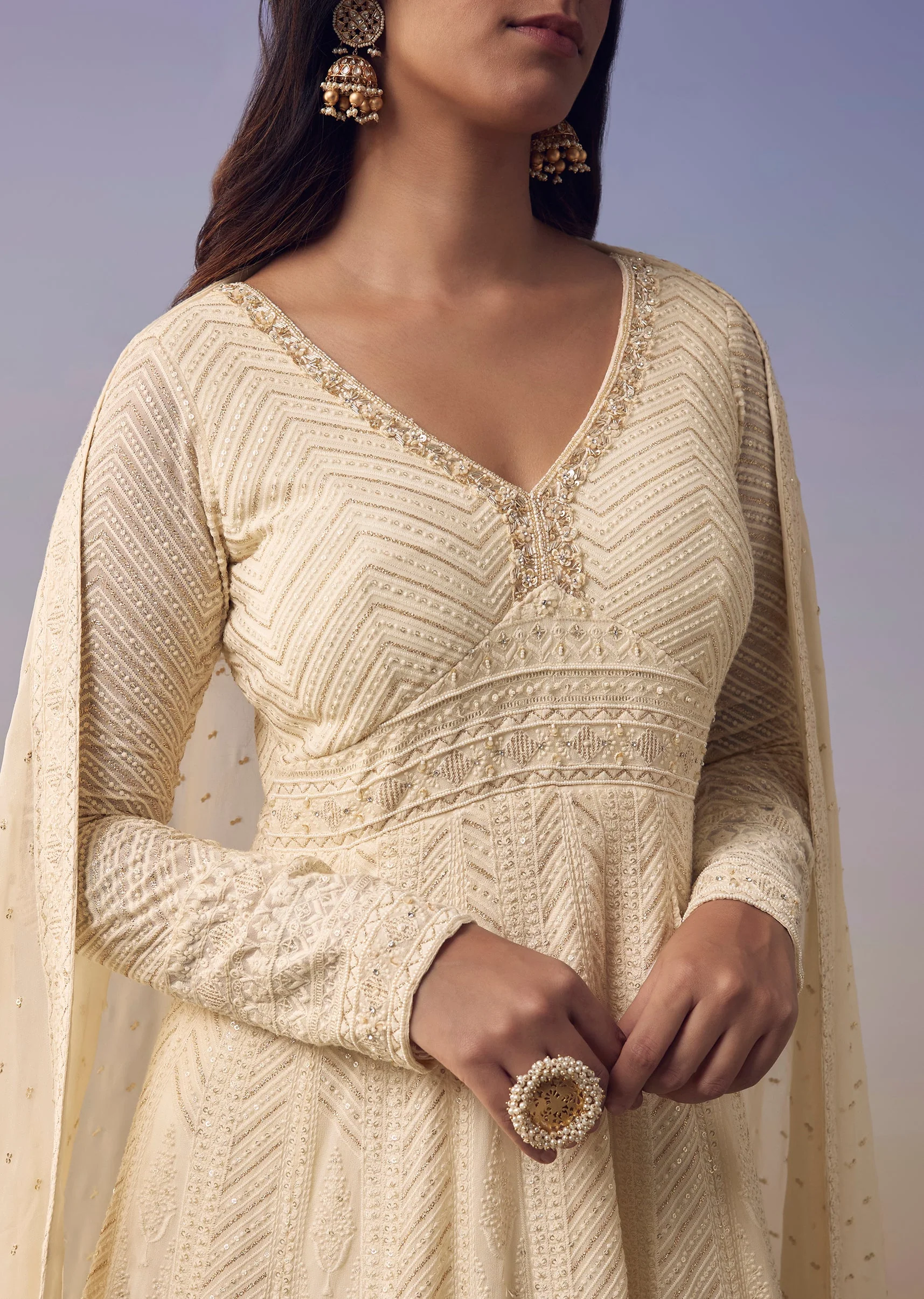 Ivory Lucknowi Anarkali with Dupatta - Image 2