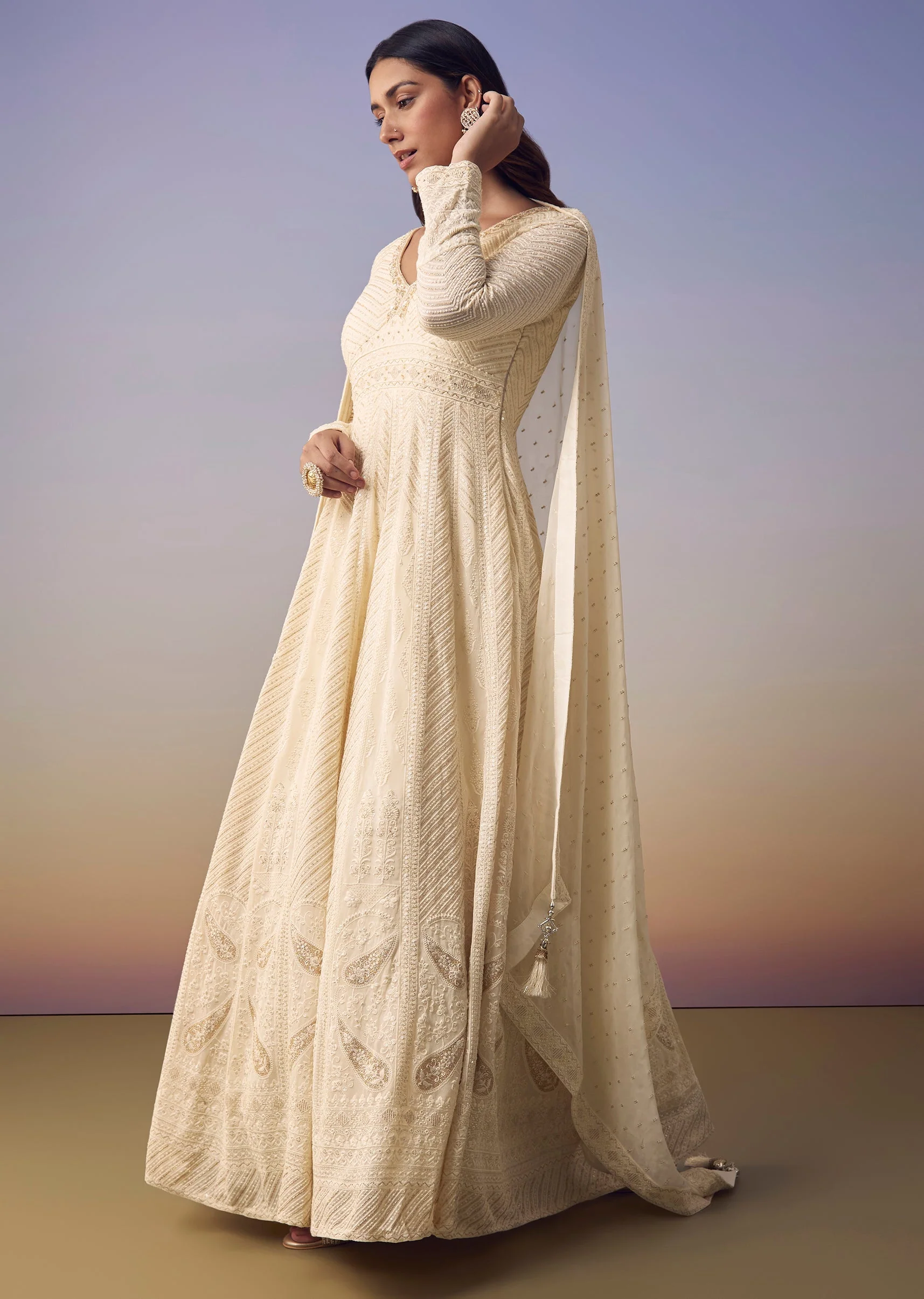Ivory Lucknowi Anarkali with Dupatta - Image 4