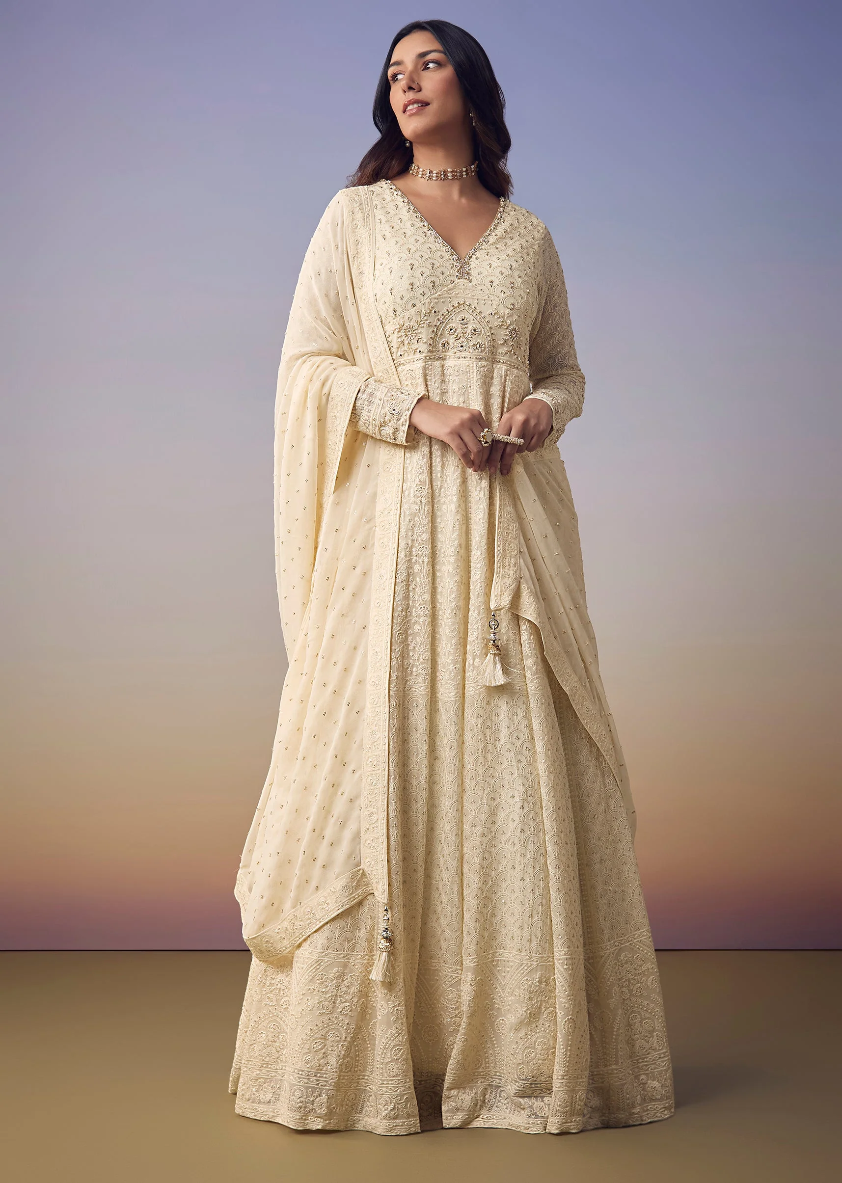 Ivory Lucknowi And Sequin Anarkali with Dupatta - Image 2