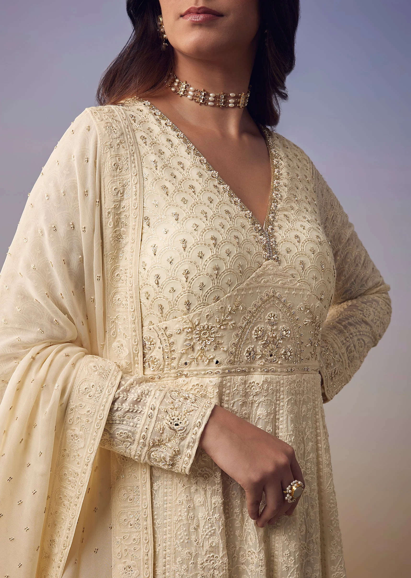 Ivory Lucknowi And Sequin Anarkali with Dupatta - Image 3