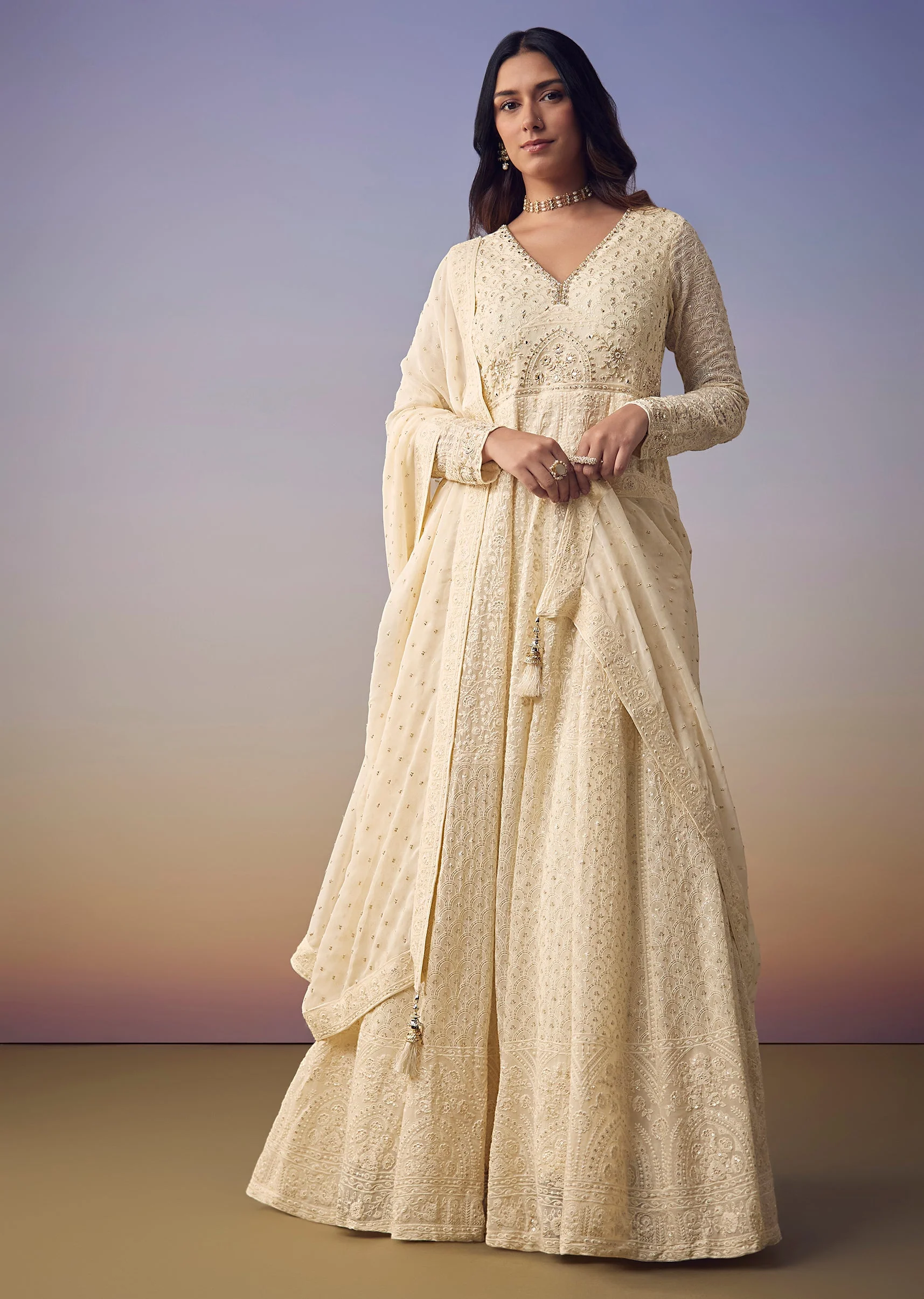 Ivory Lucknowi And Sequin Anarkali with Dupatta - Image 4