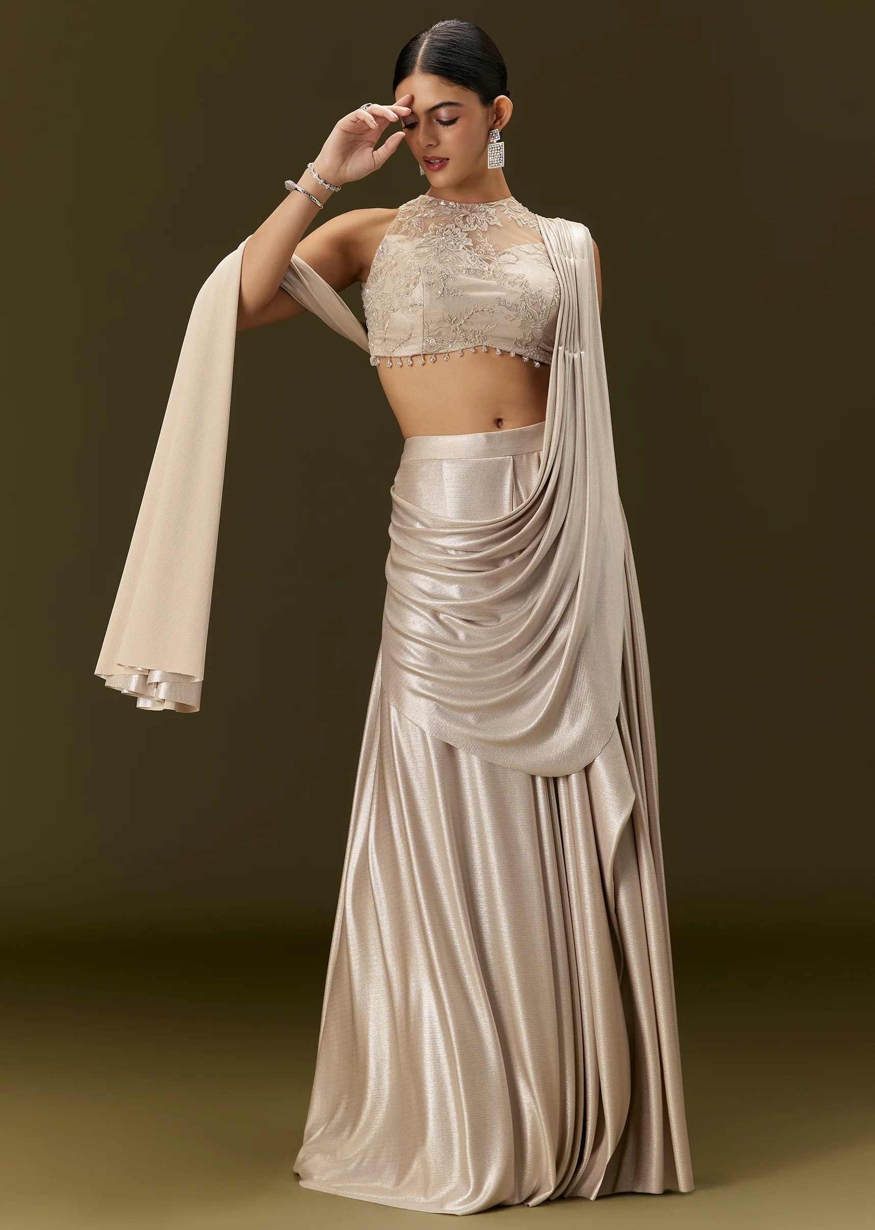 Ivory Lycra Draped Saree With Embroidered Blouse - Image 3