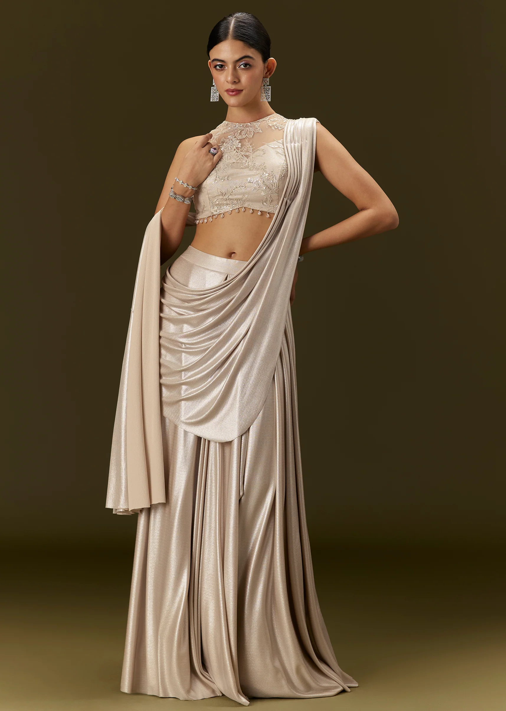 Ivory Lycra Draped Saree With Embroidered Blouse - Image 5