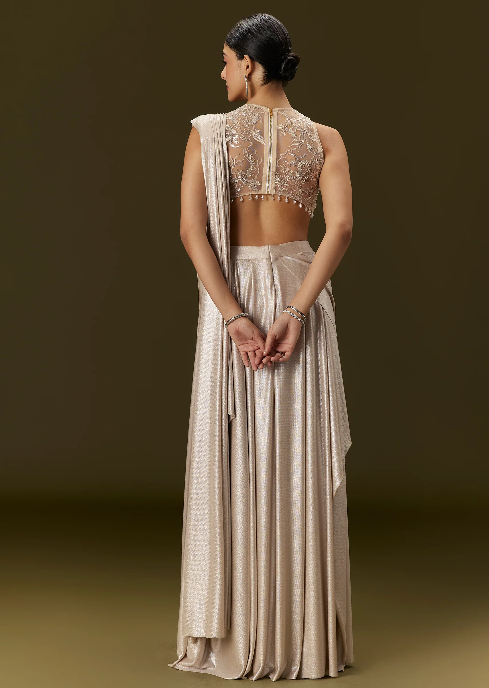 Ivory Lycra Draped Saree With Embroidered Blouse - Image 6