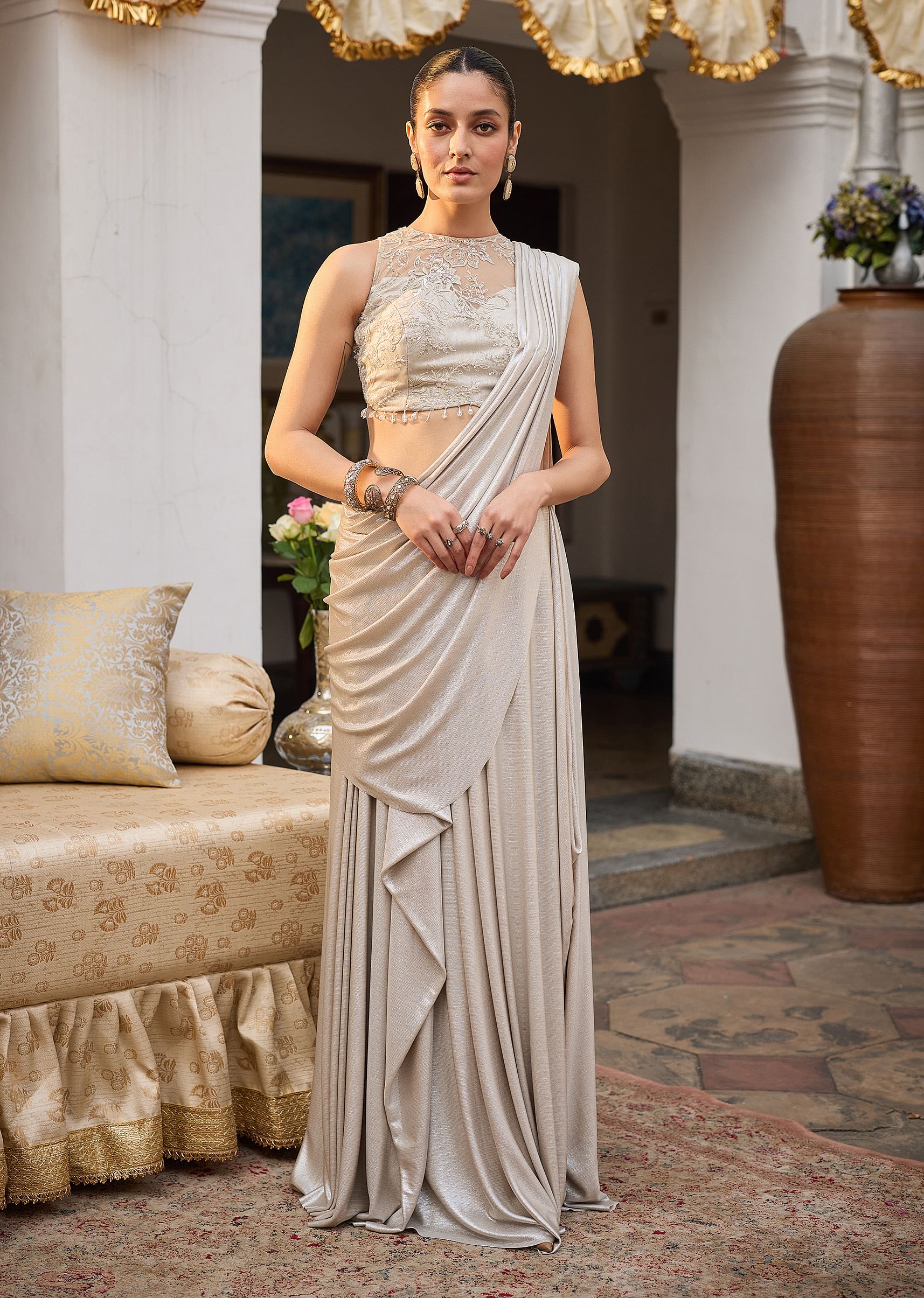 Ivory Lycra Draped Saree With Embroidered Blouse - Image 7