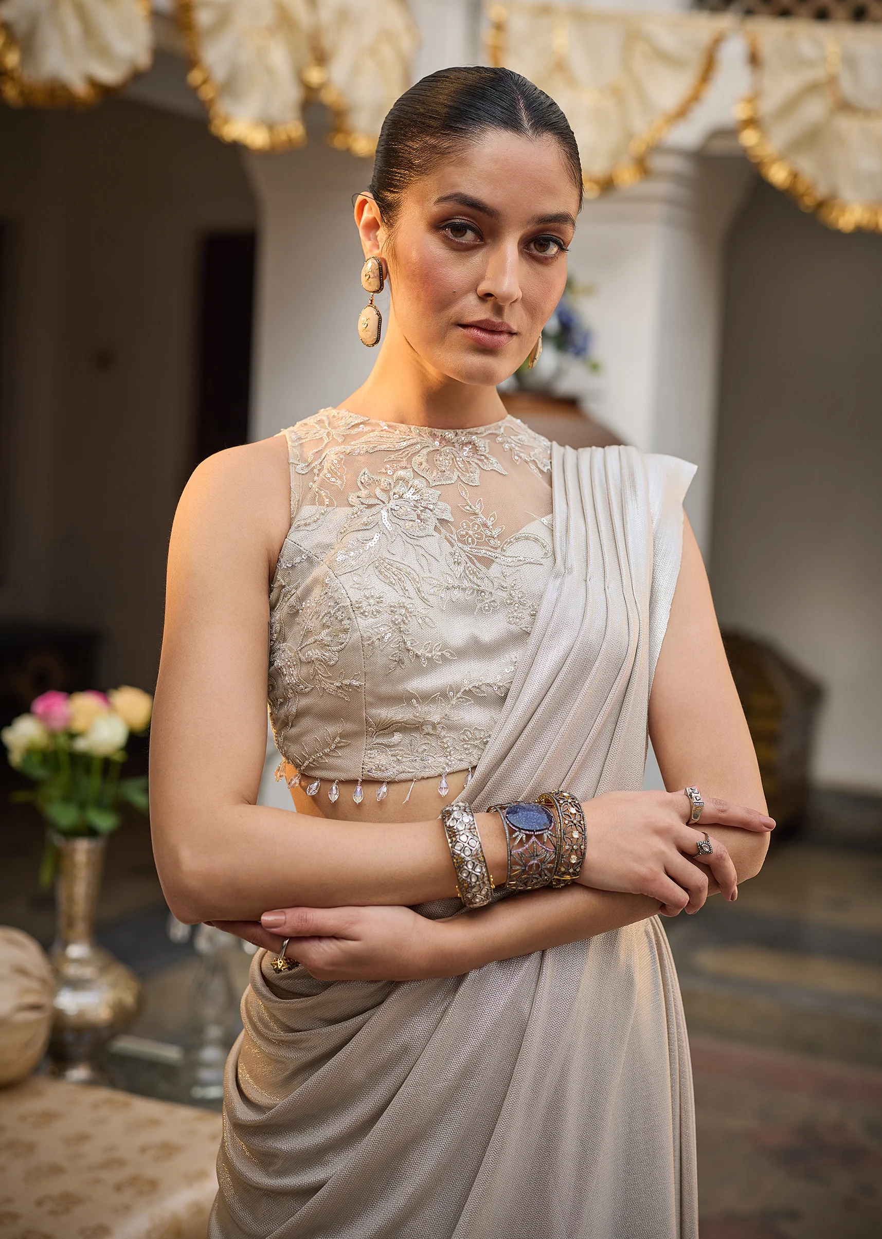 Ivory Lycra Draped Saree With Embroidered Blouse - Image 8