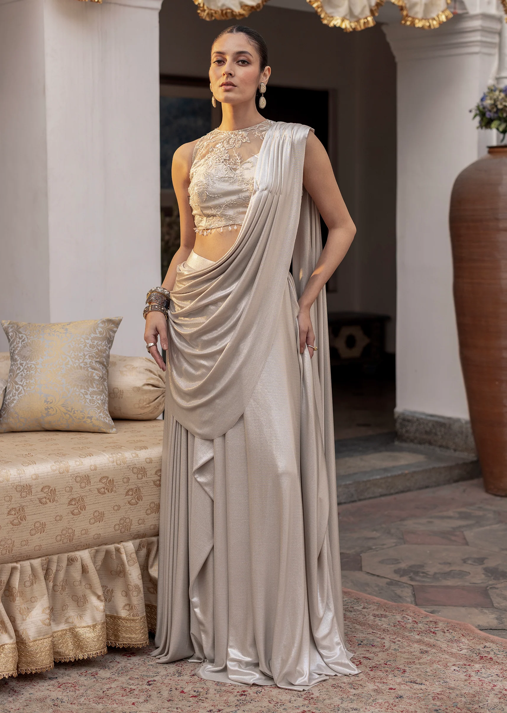 Ivory Lycra Draped Saree With Embroidered Blouse - Image 9