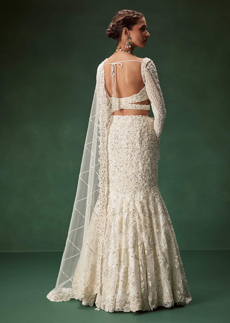 Ivory Mermaid Bridal Lehenga With Full Sleeves And Heavy Embroidery - Image 2