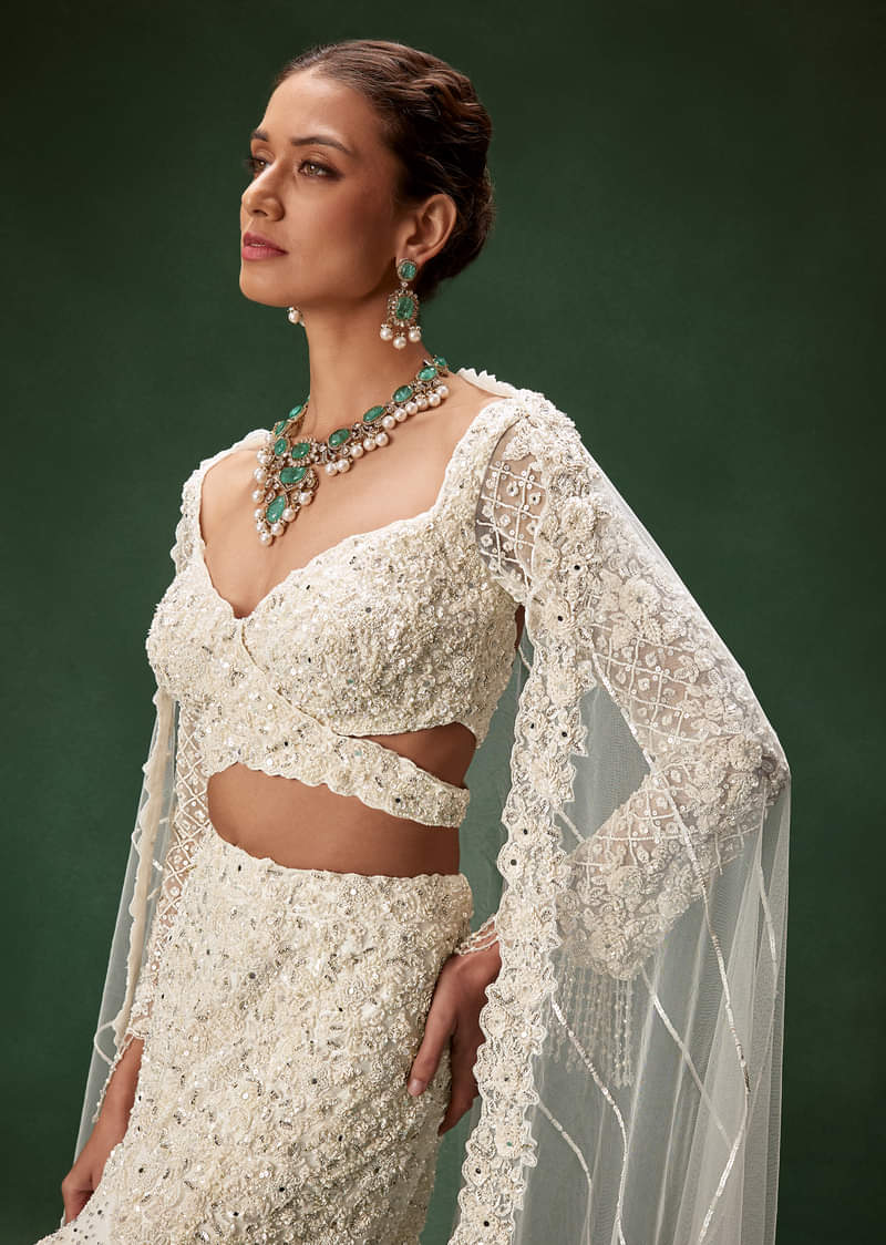 Ivory Mermaid Bridal Lehenga With Full Sleeves And Heavy Embroidery - Image 3