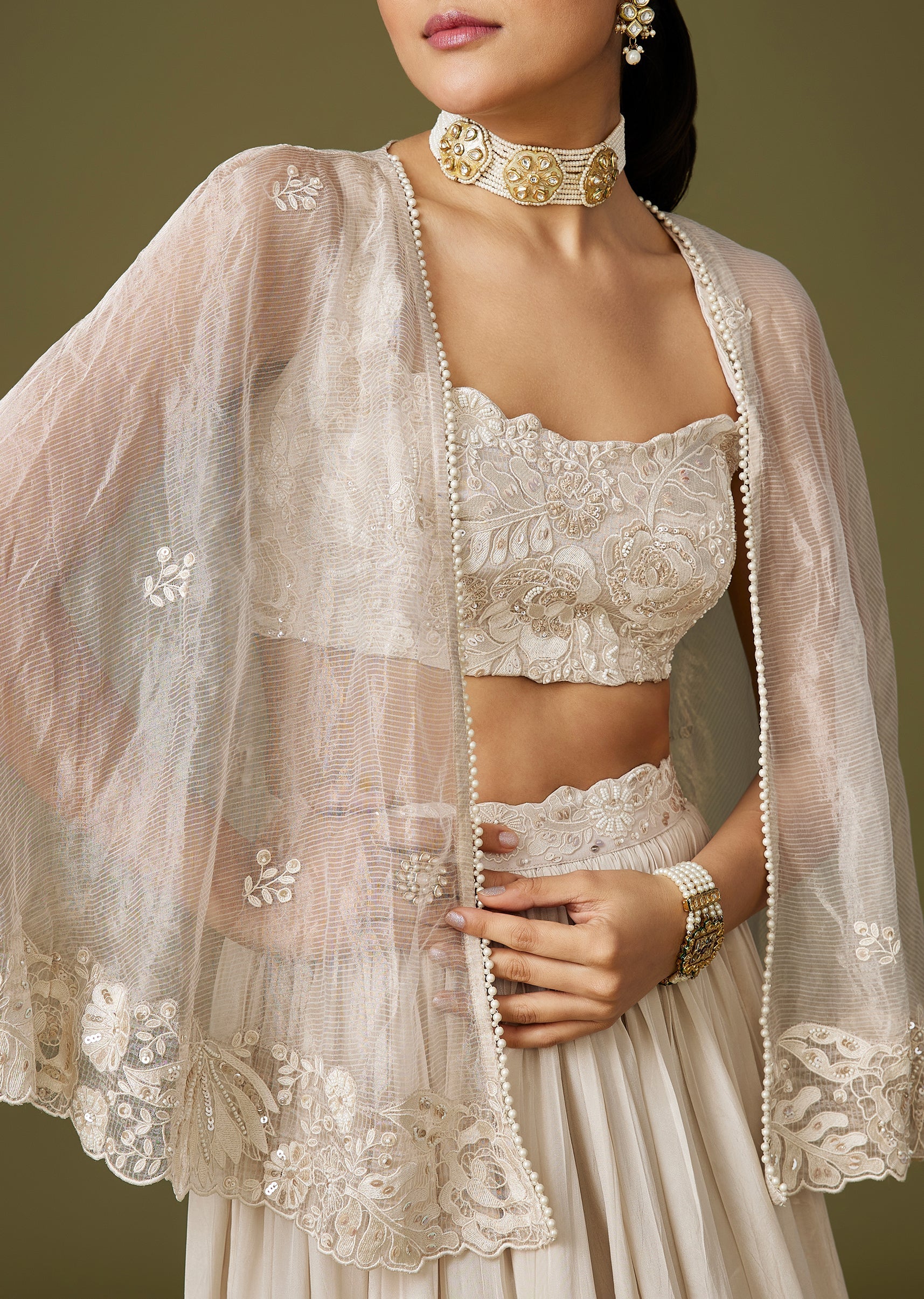 Ivory Minimal Cape Lehenga Set With Thread And Bead Detailing - Image 2