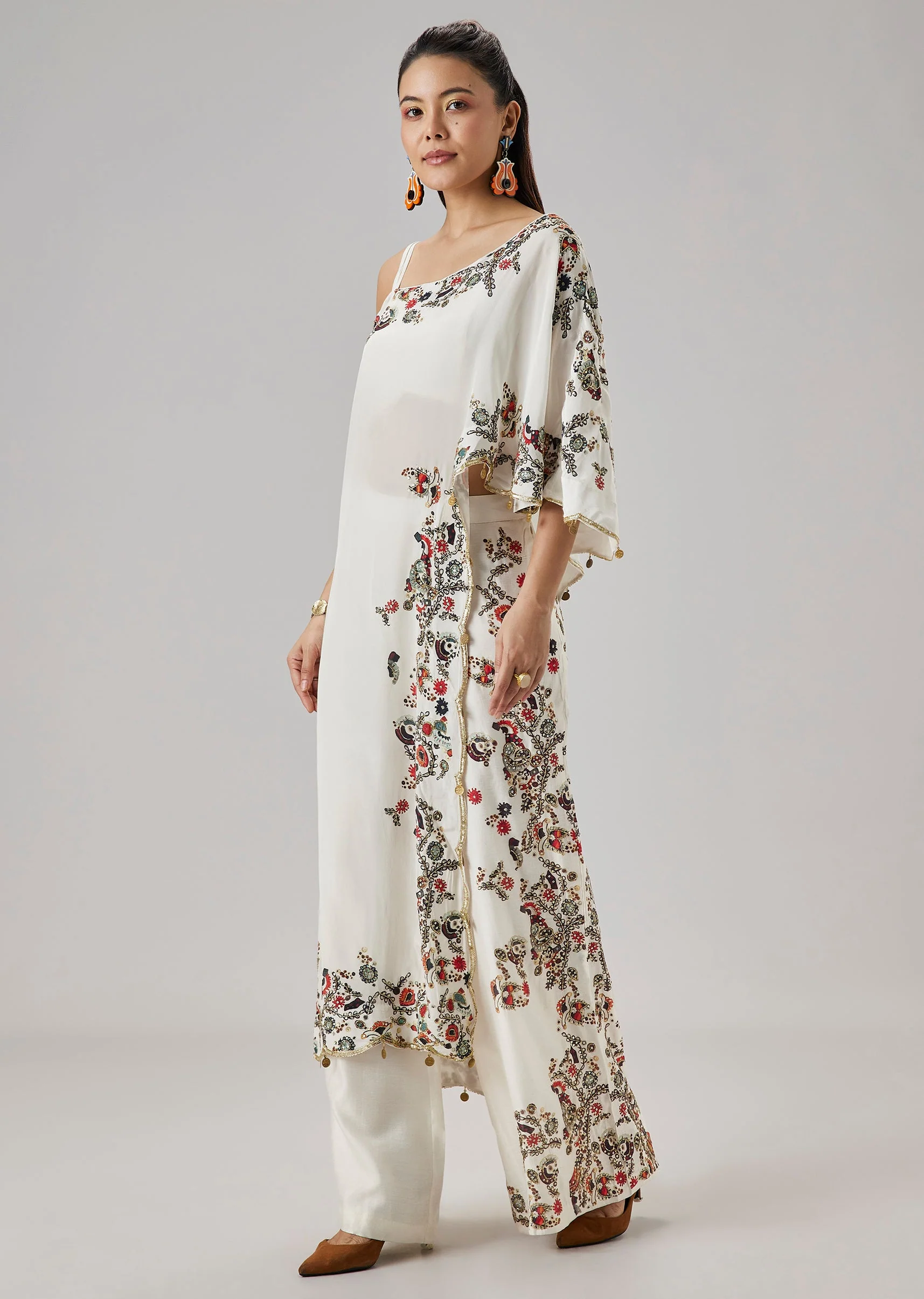 Ivory OneShoulder Printed Crop Top Palazzo Set - Image 3