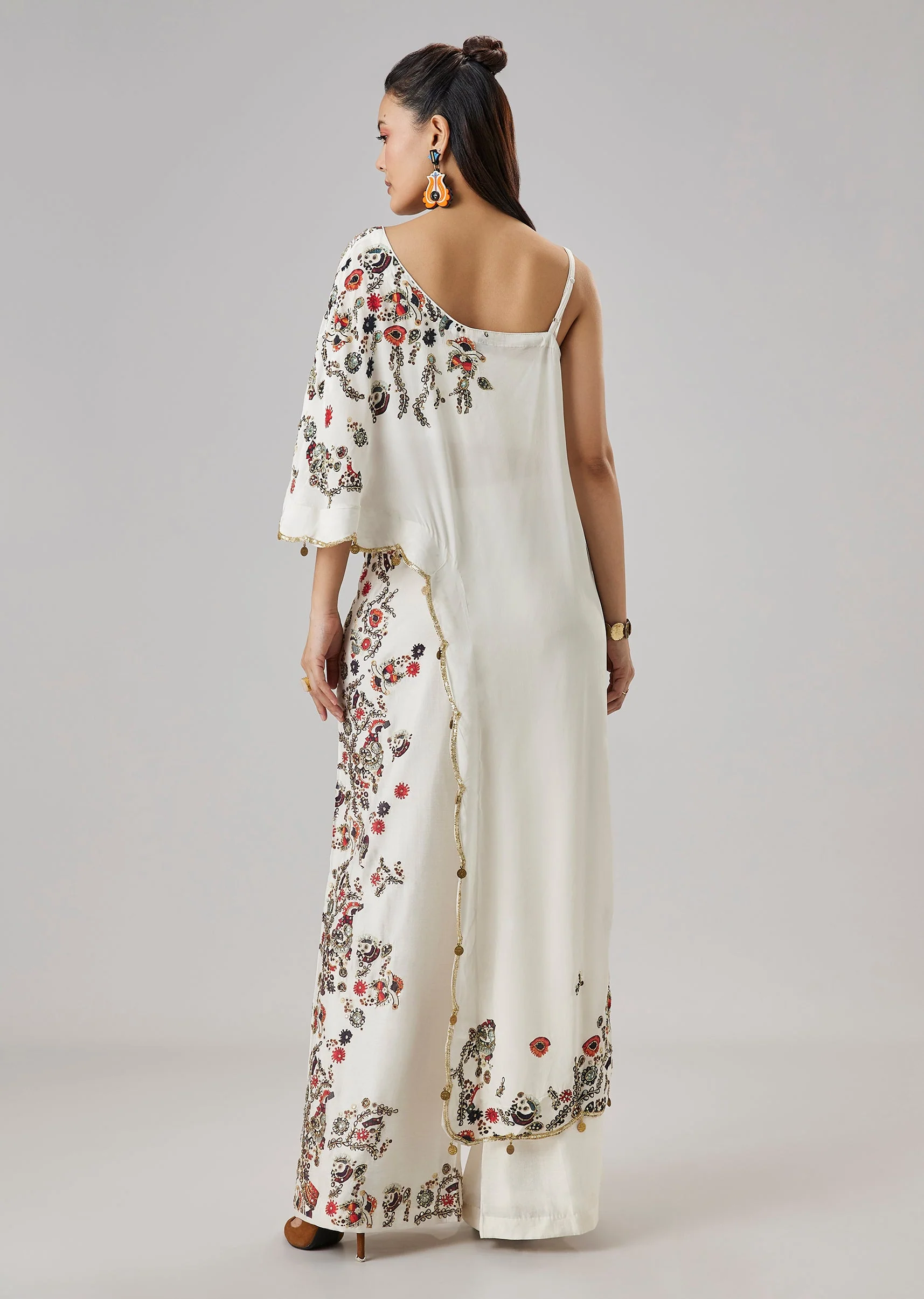 Ivory OneShoulder Printed Crop Top Palazzo Set - Image 5