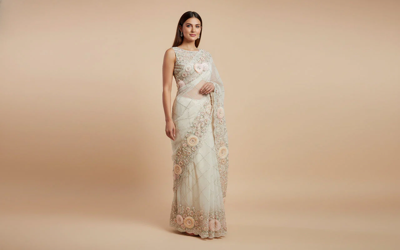 Ivory Opulent Embroidered Saree