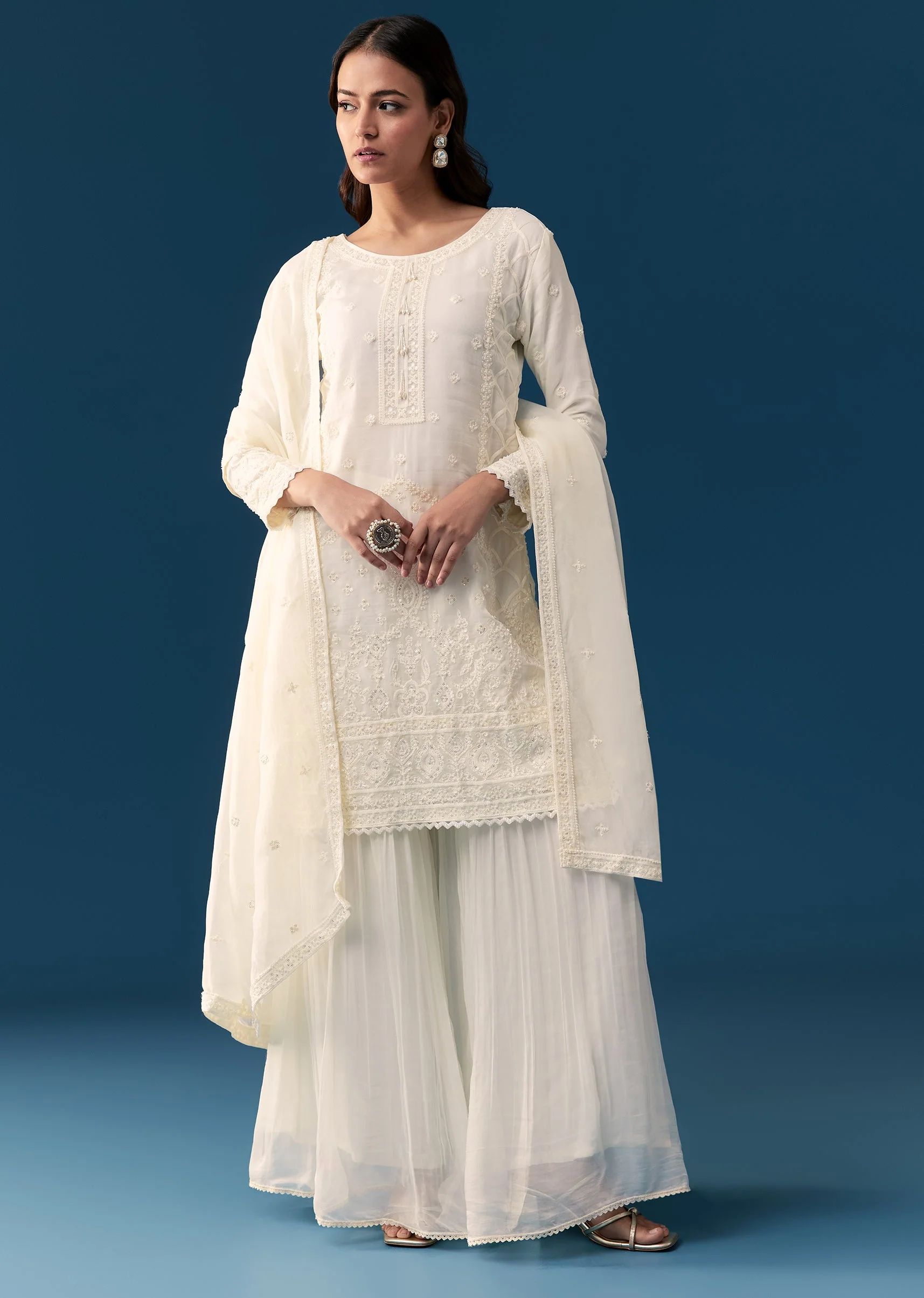 Ivory Organza Sharara Set With Resham And Moti Work - Image 2