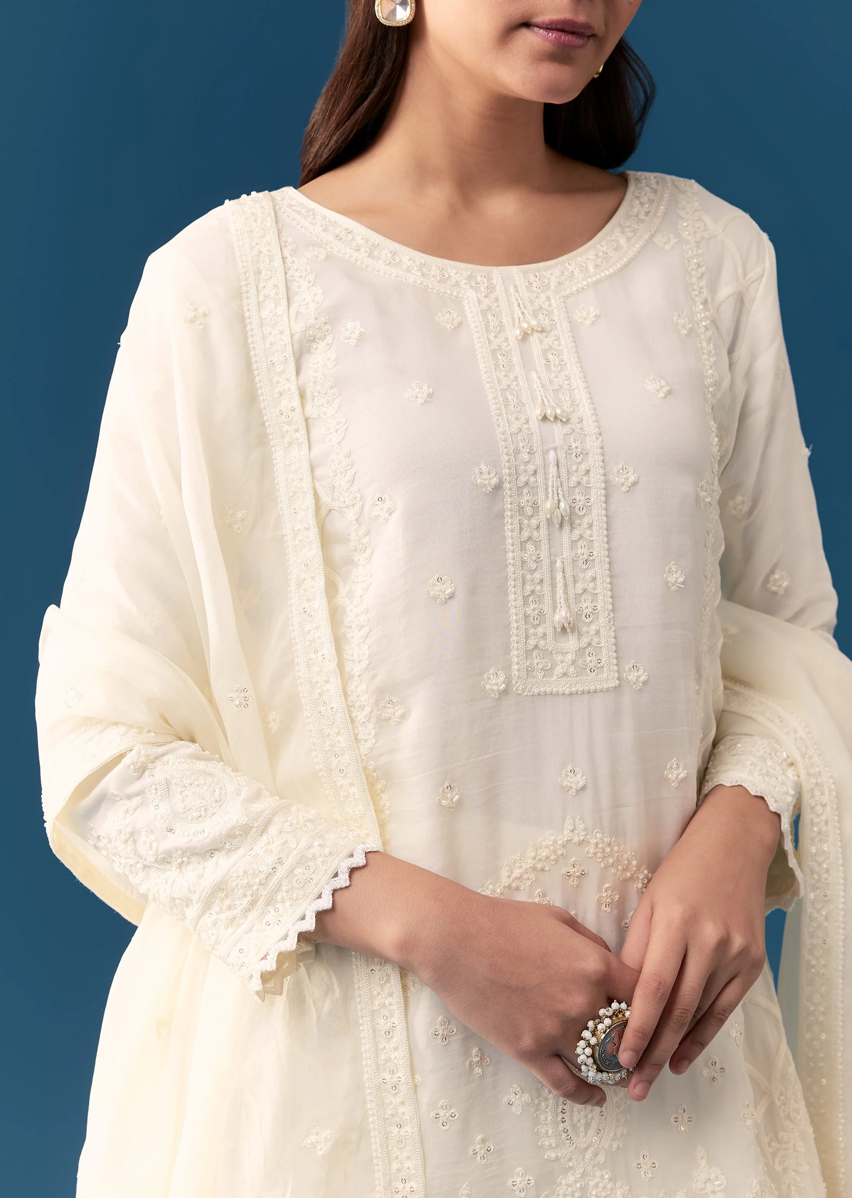 Ivory Organza Sharara Set With Resham And Moti Work - Image 3