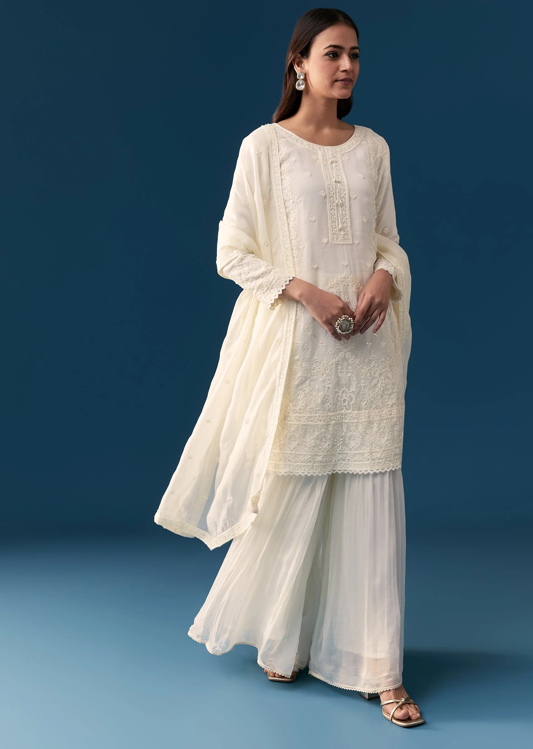 Ivory Organza Sharara Set With Resham And Moti Work - Image 4
