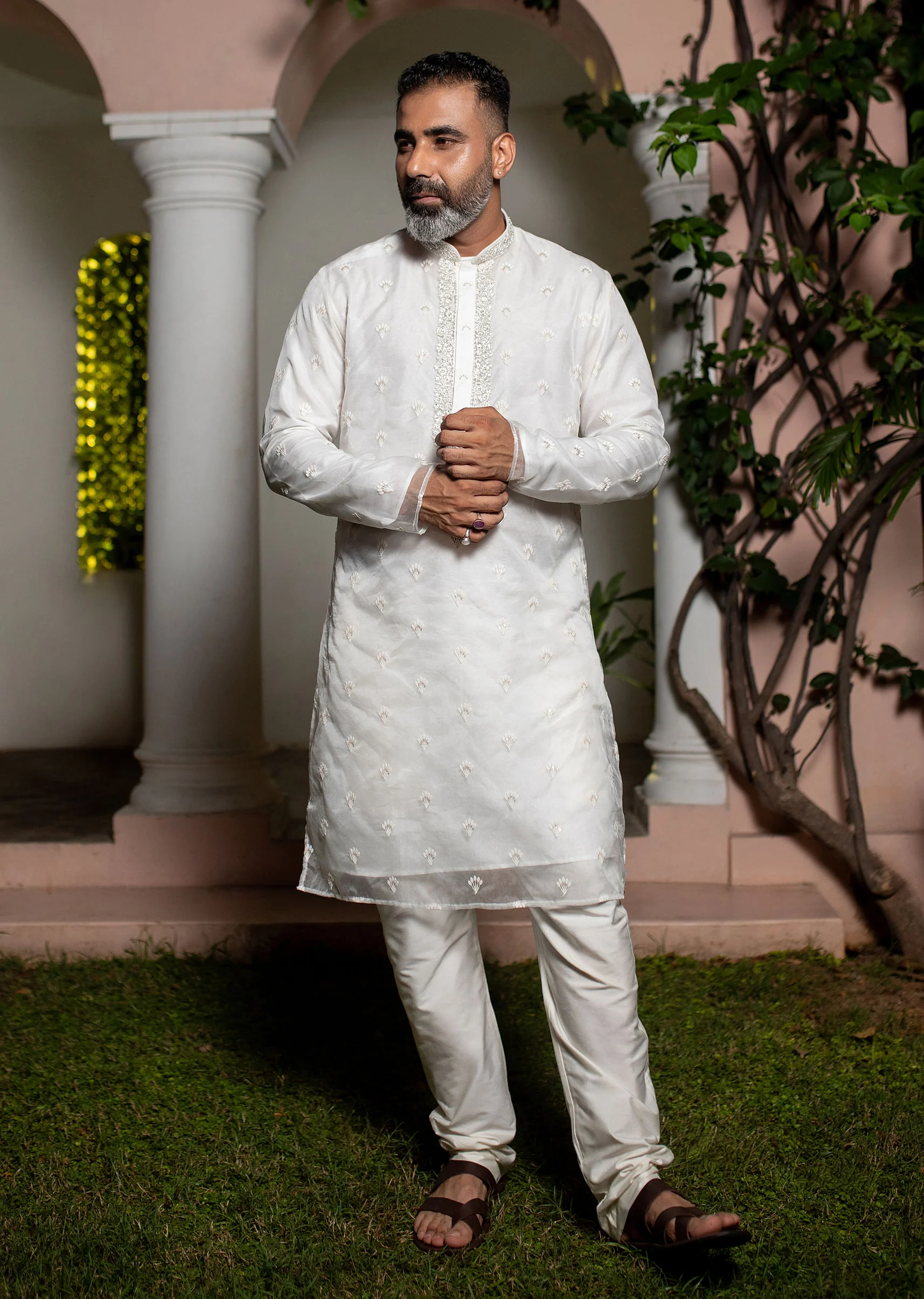 Ivory Organza Zari Embroidered Kurta Set With Butti Work - Image 8