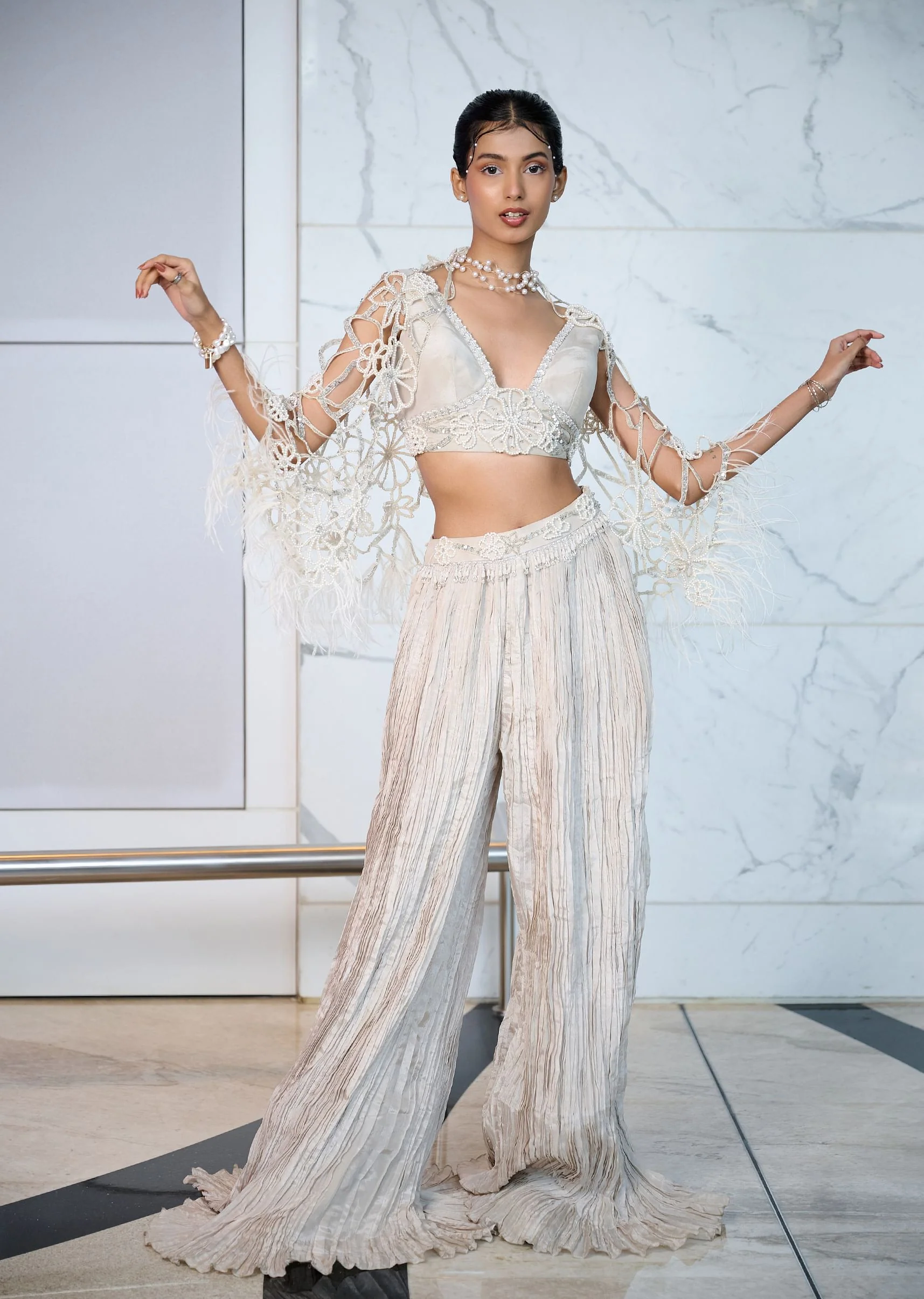 Ivory Patchwork Blouse With Cutwork Jacket And Ruched Palazzo - Image 2