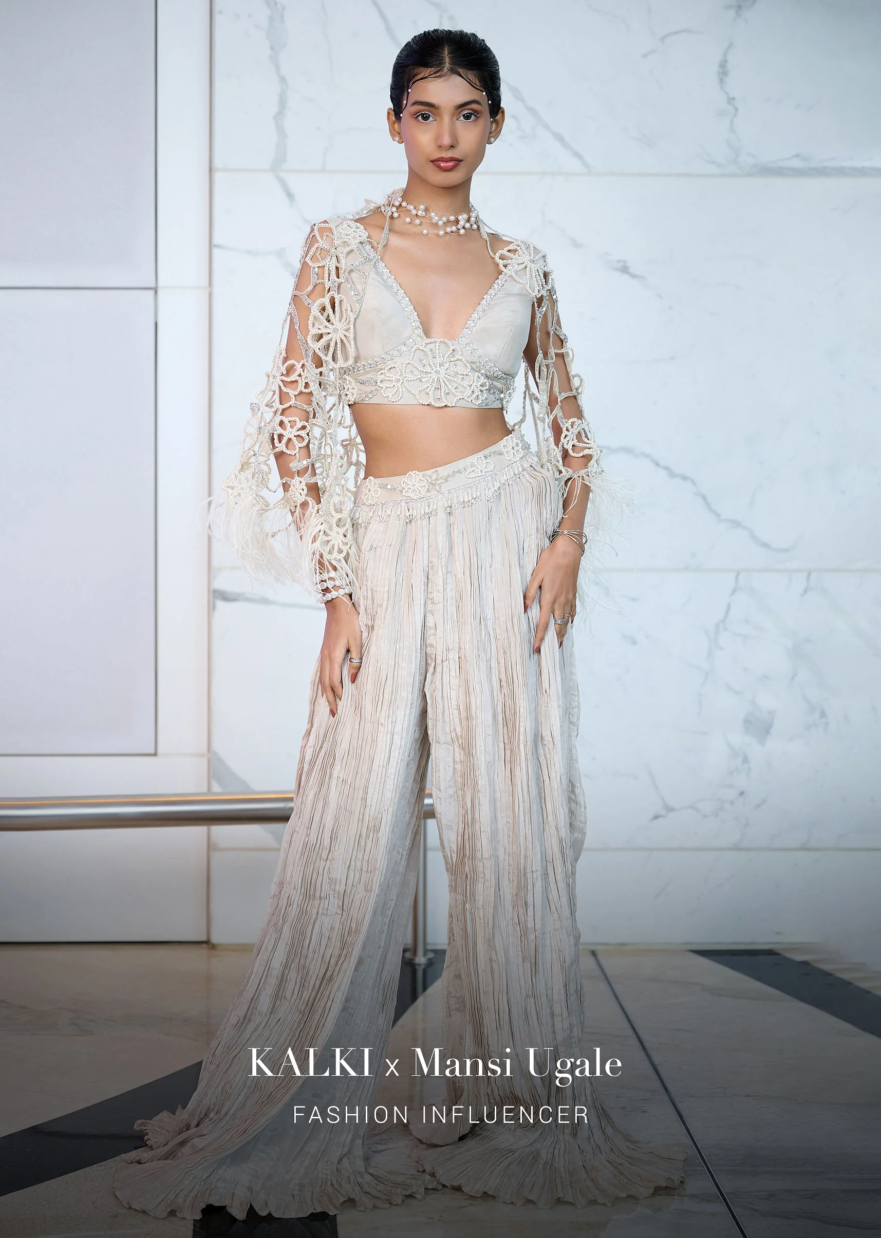 Ivory Patchwork Blouse With Cutwork Jacket And Ruched Palazzo - Image 4